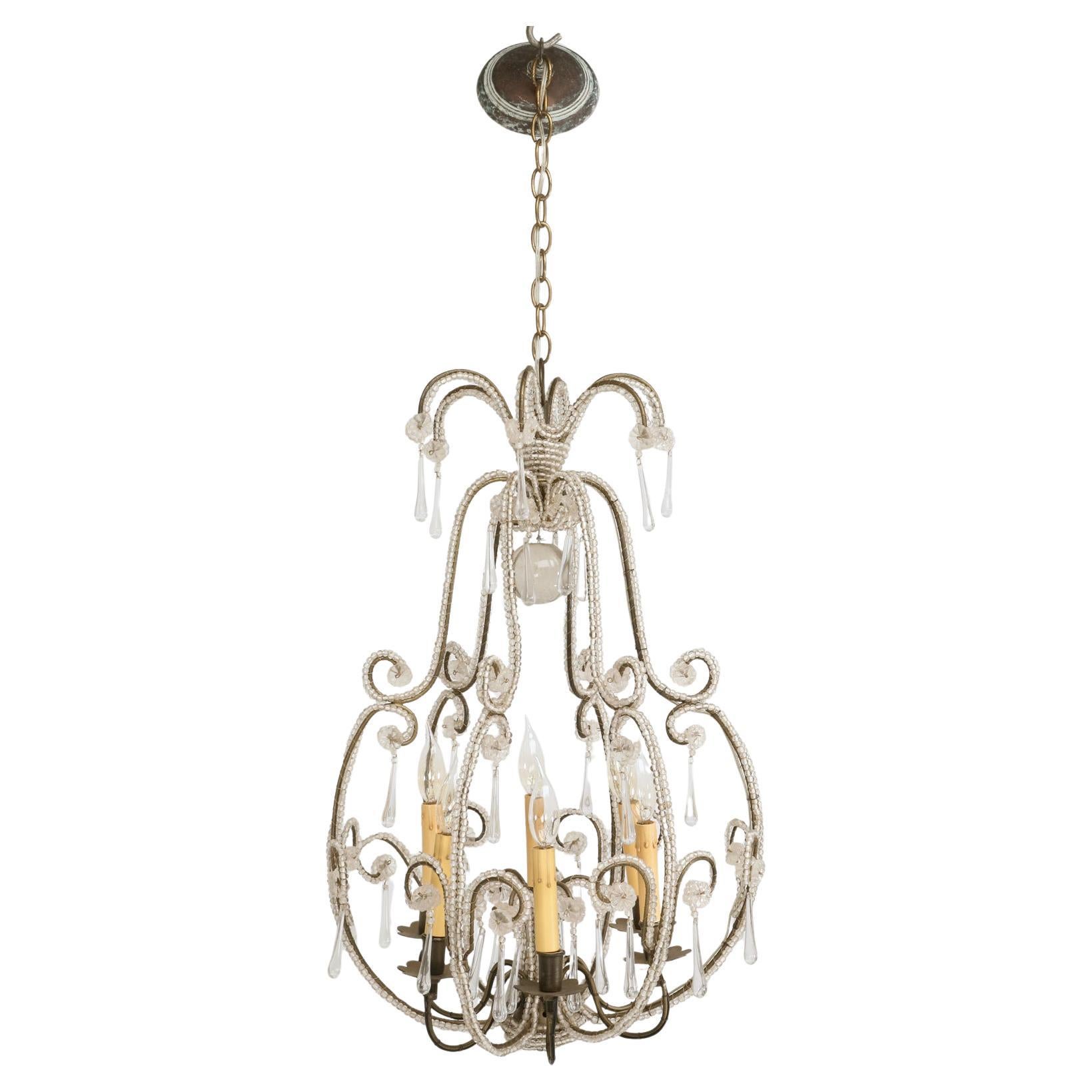 Vintage Italian Style Petite Beaded 6-lite Chandelier For Sale