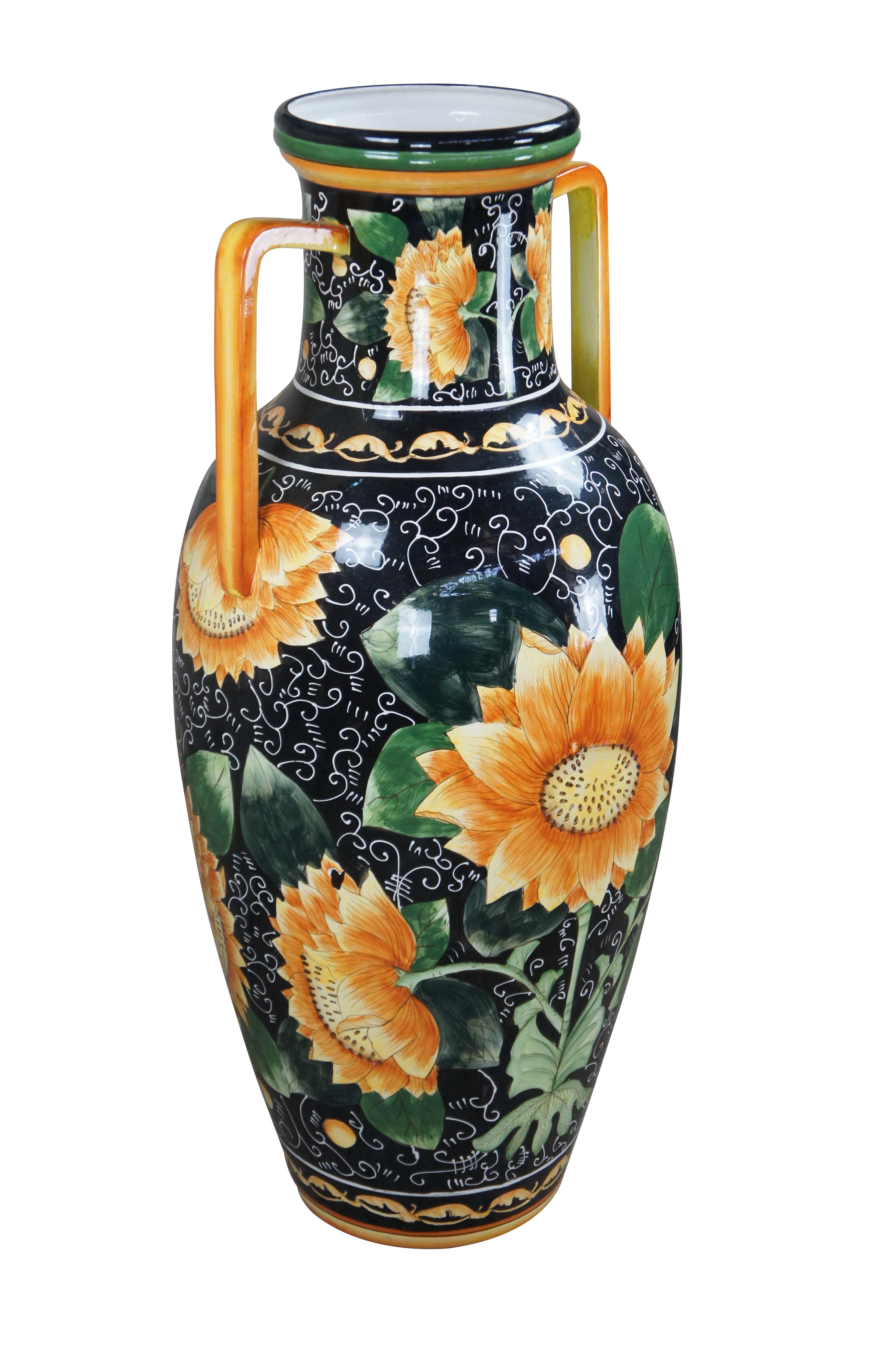 Country Vintage Italian Style Porcelain Sunflower Handled Trophy Urn Floor Vase 43