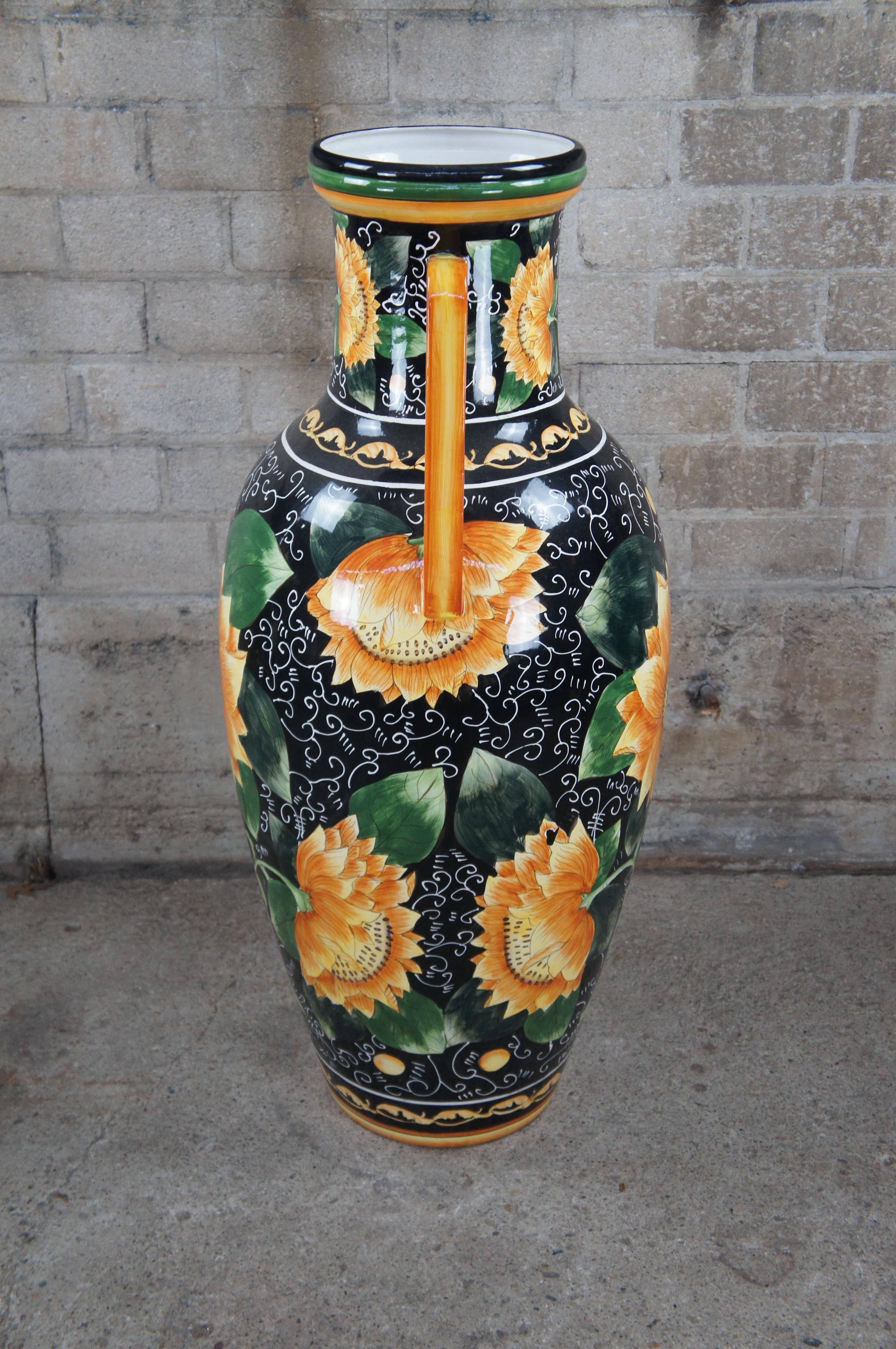 20th Century Vintage Italian Style Porcelain Sunflower Handled Trophy Urn Floor Vase 43
