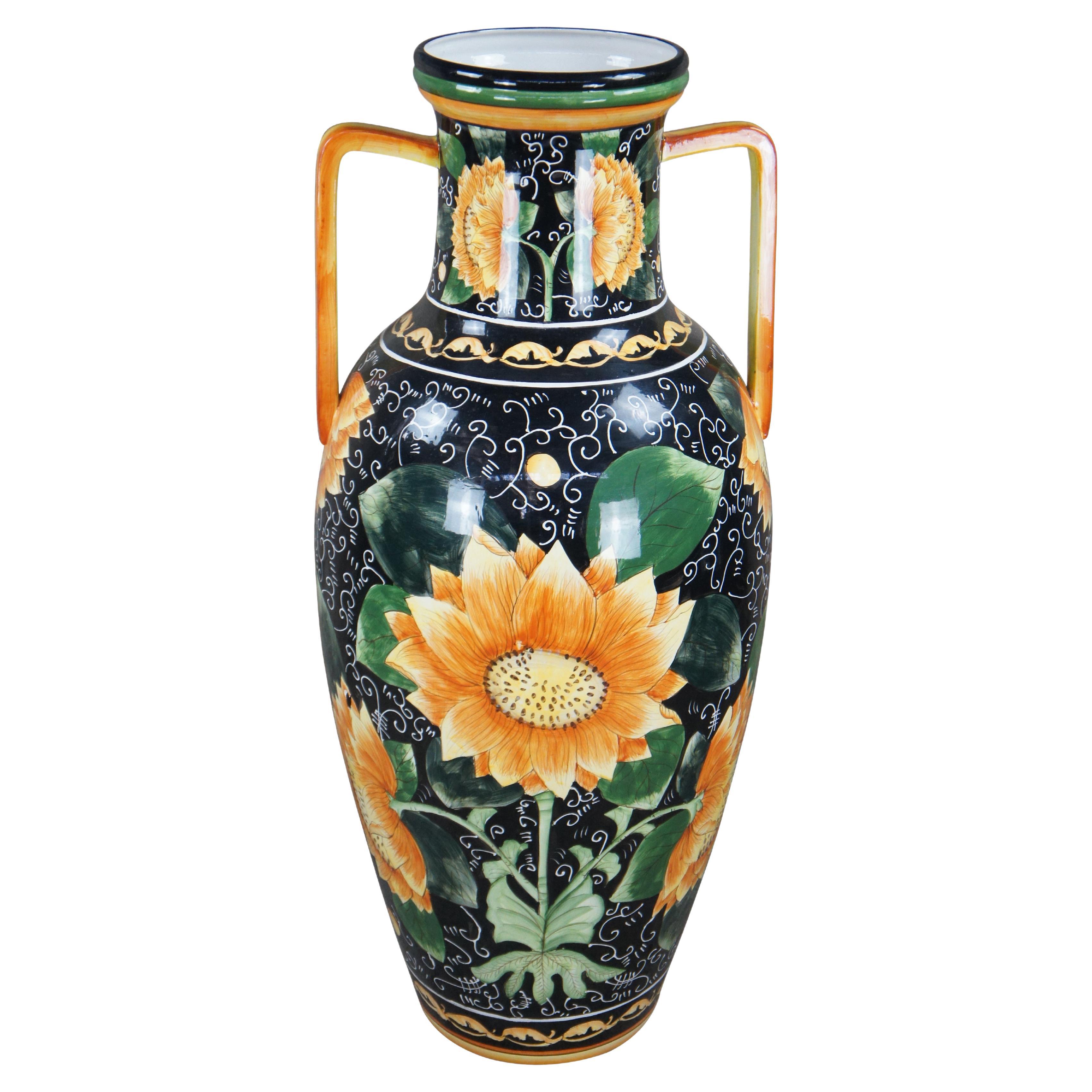 Vintage Italian Style Porcelain Sunflower Handled Trophy Urn Floor Vase 43" For Sale