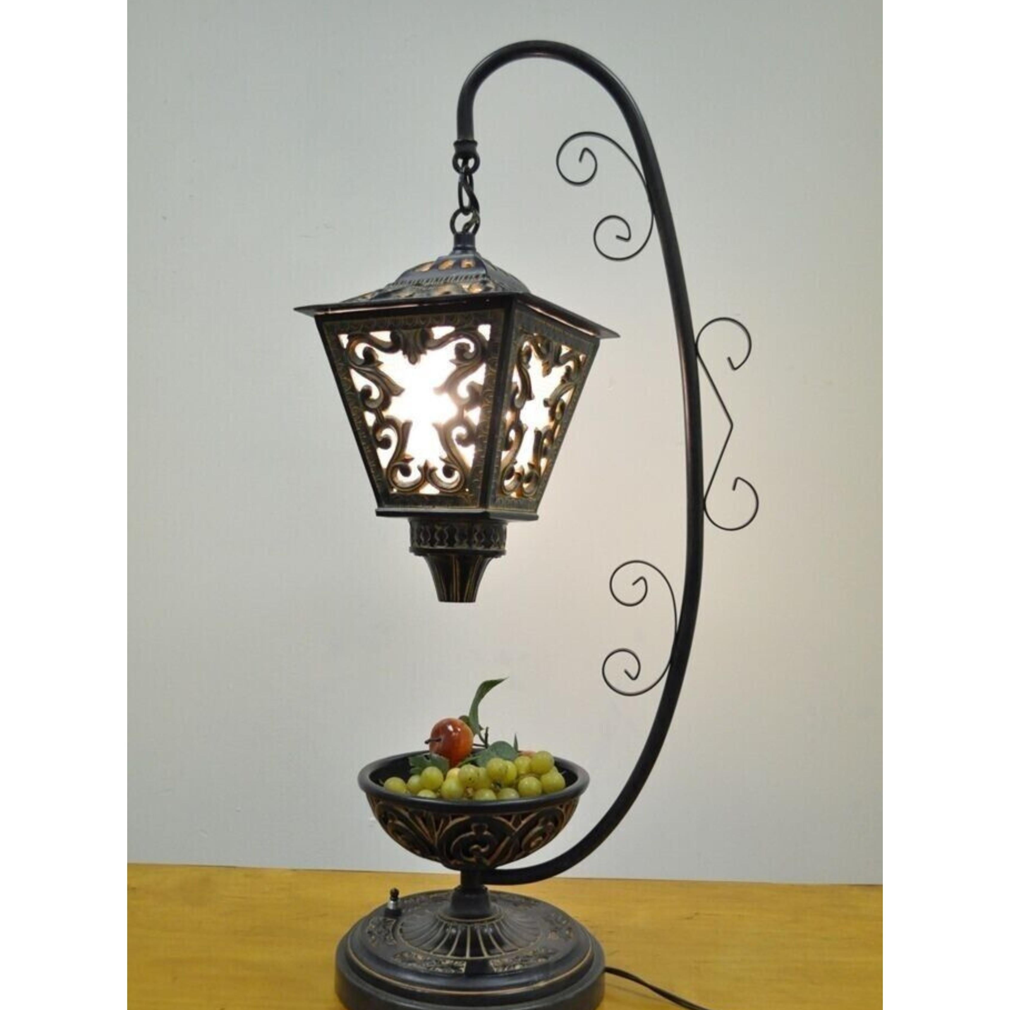 Vintage Italian Style Scrolling Metal Hanging Lantern Fruit Bowl Table Lamp. Circa Late 20th Century. Measurements: 28.5