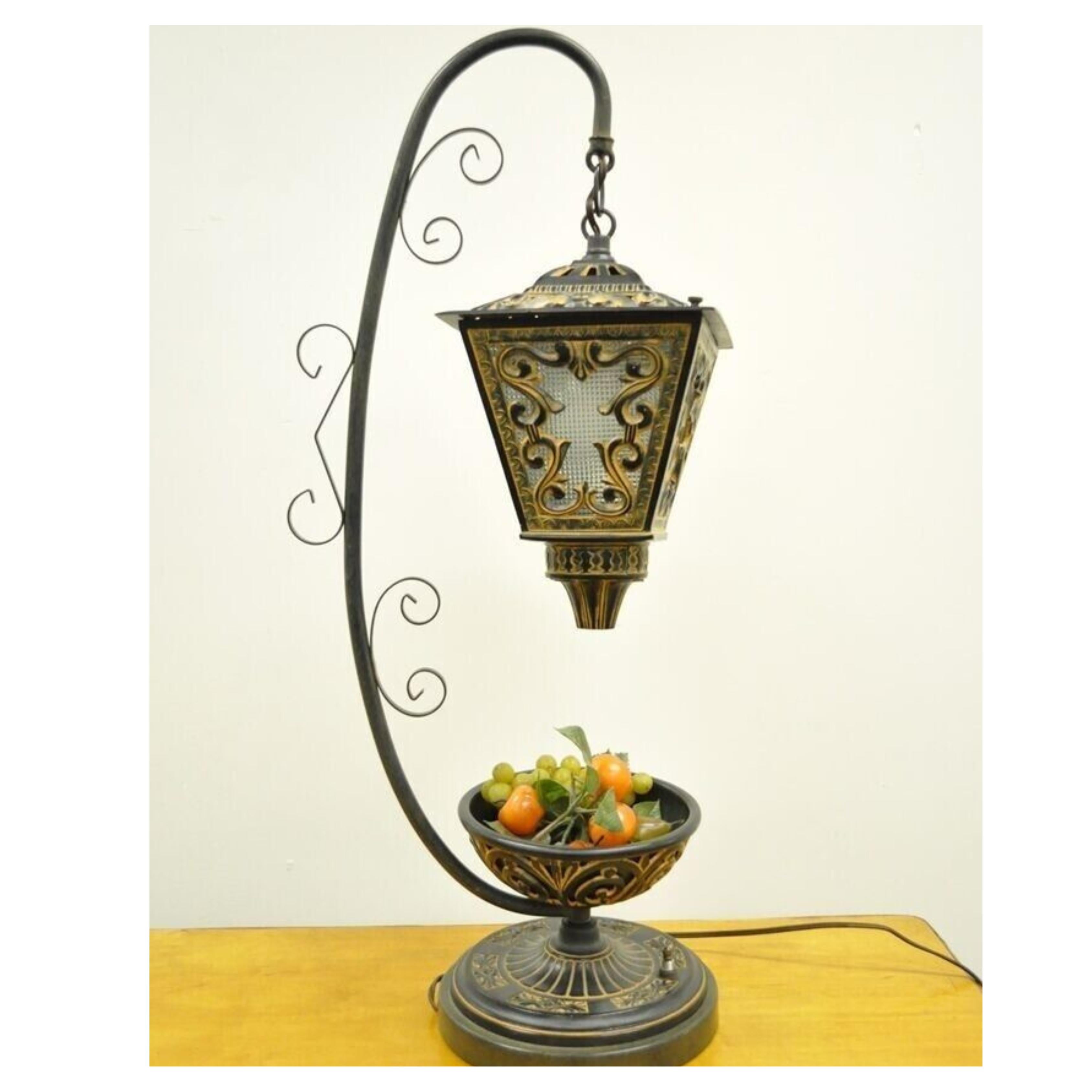 Other Vintage Italian Style Scrolling Metal Hanging Lantern Fruit Bowl Table Lamp For Sale