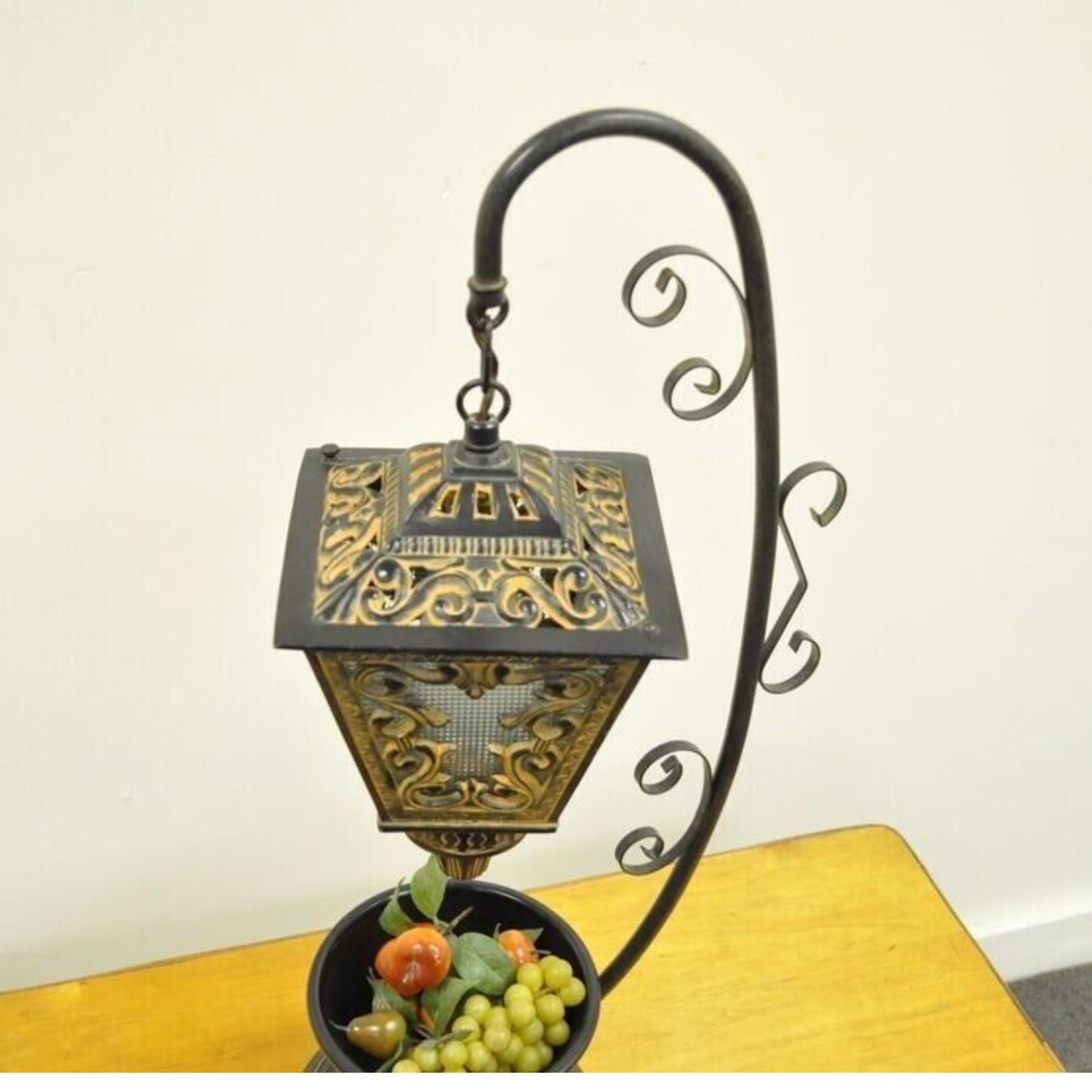Vintage Italian Style Scrolling Metal Hanging Lantern Fruit Bowl Table Lamp In Good Condition For Sale In Philadelphia, PA