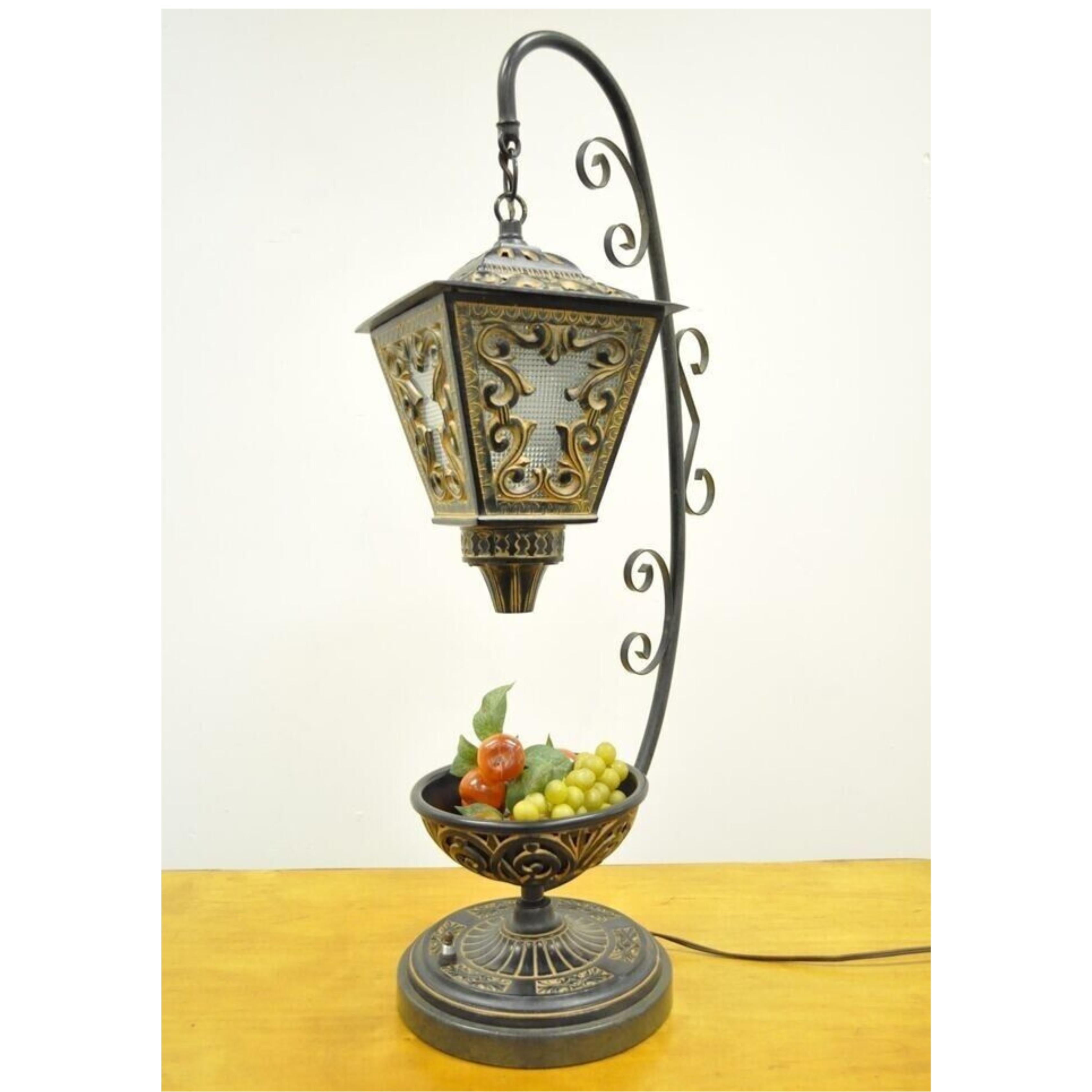 Vintage Italian Style Scrolling Metal Hanging Lantern Fruit Bowl Table Lamp For Sale 4