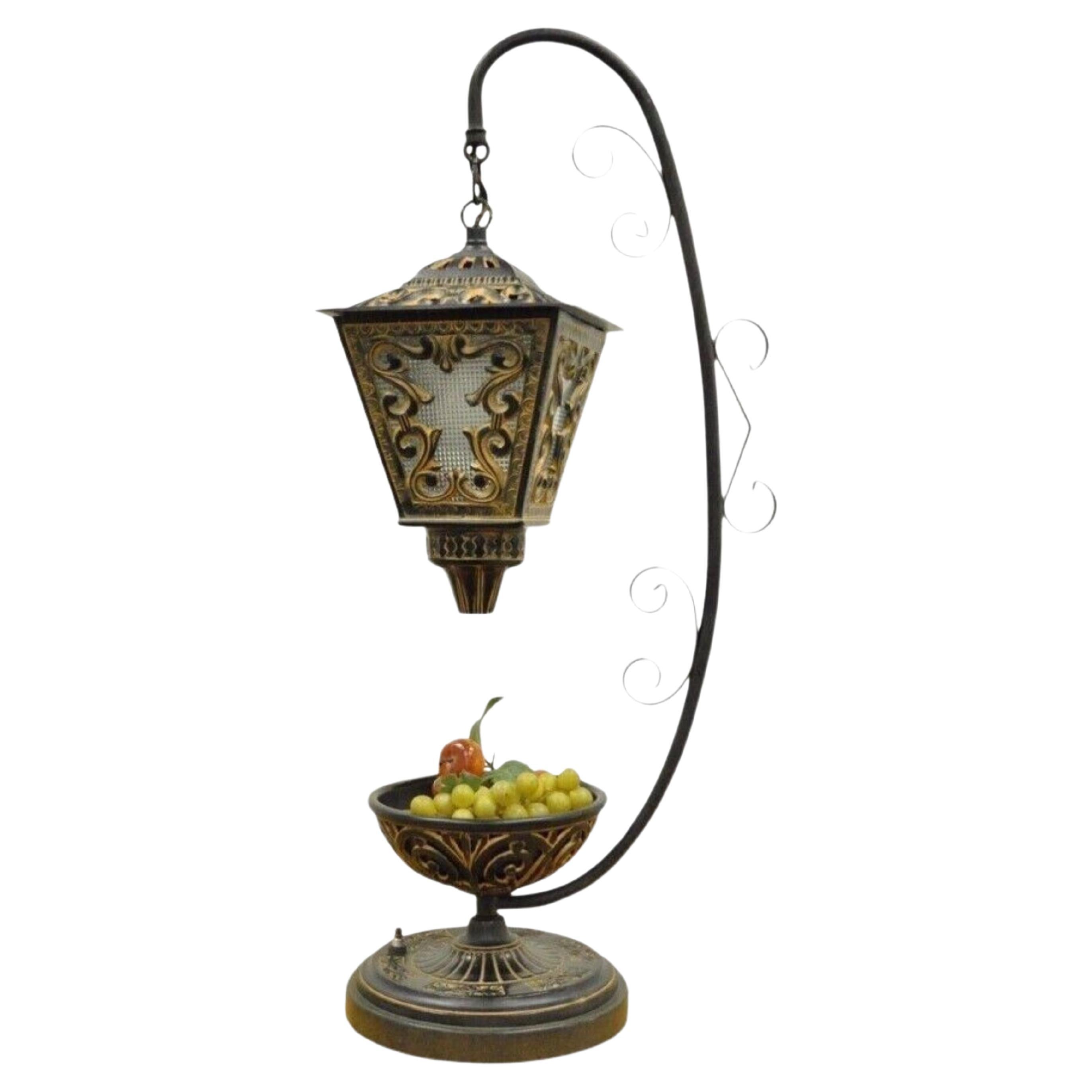 Vintage Italian Style Scrolling Metal Hanging Lantern Fruit Bowl Table Lamp For Sale
