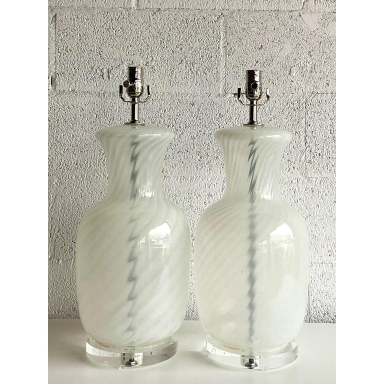 20th Century Vintage Italian Swirl Blown Glass Table Lamps, a Pair
