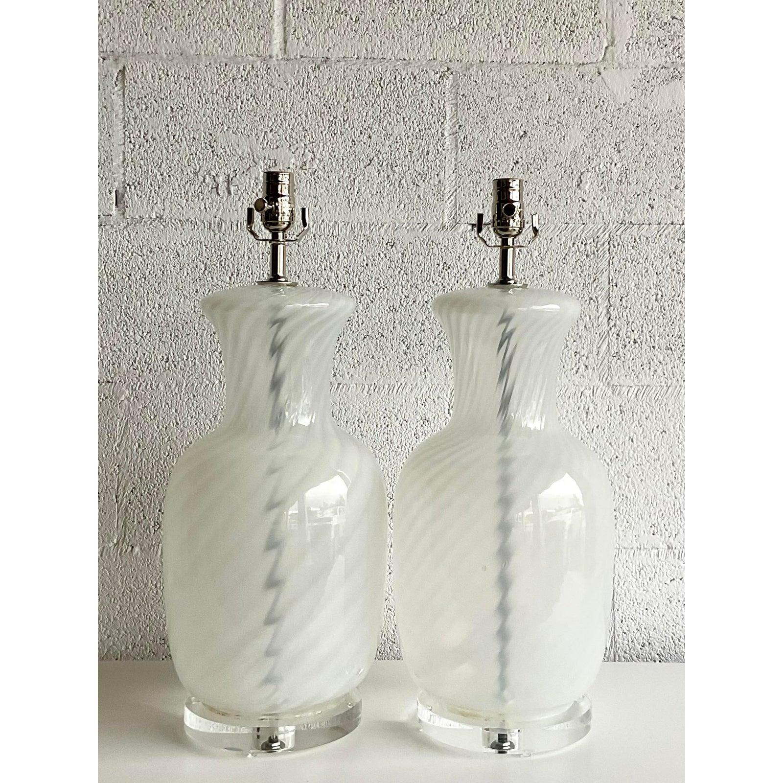 Vintage Italian Swirl Blown Glass Table Lamps, a Pair 2