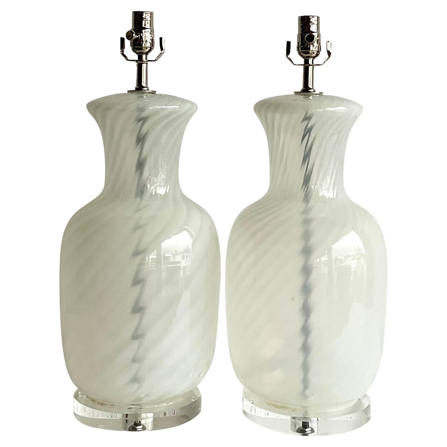 Vintage Italian Swirl Blown Glass Table Lamps, a Pair