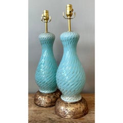 Vintage Italian Swirl Glass Lamps After Murano - A Pair