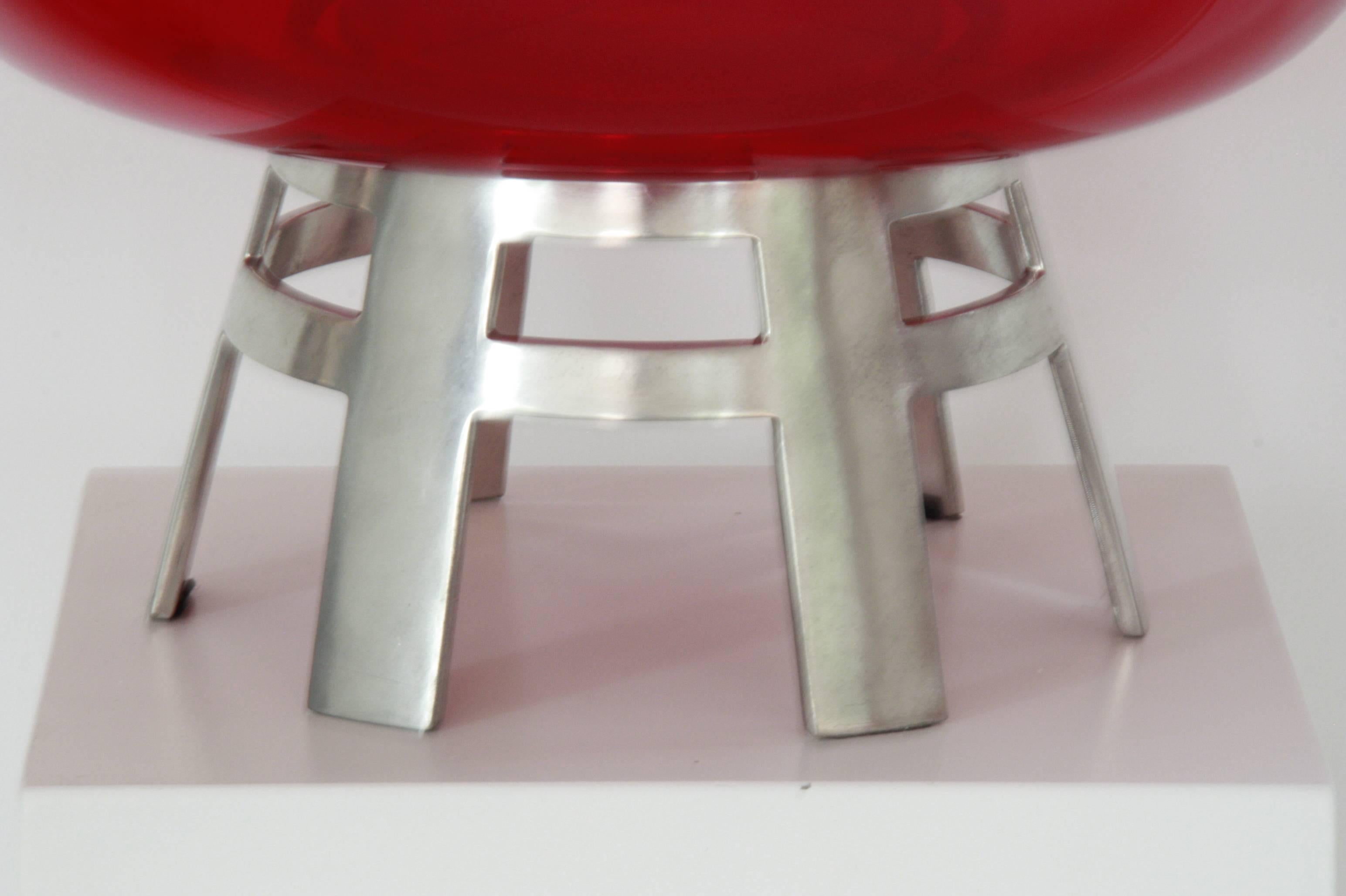 Mid-Century Modern Vintage Italian Table Centrepiece in Metal and Red Glass Cup by Ettore Sottsass For Sale