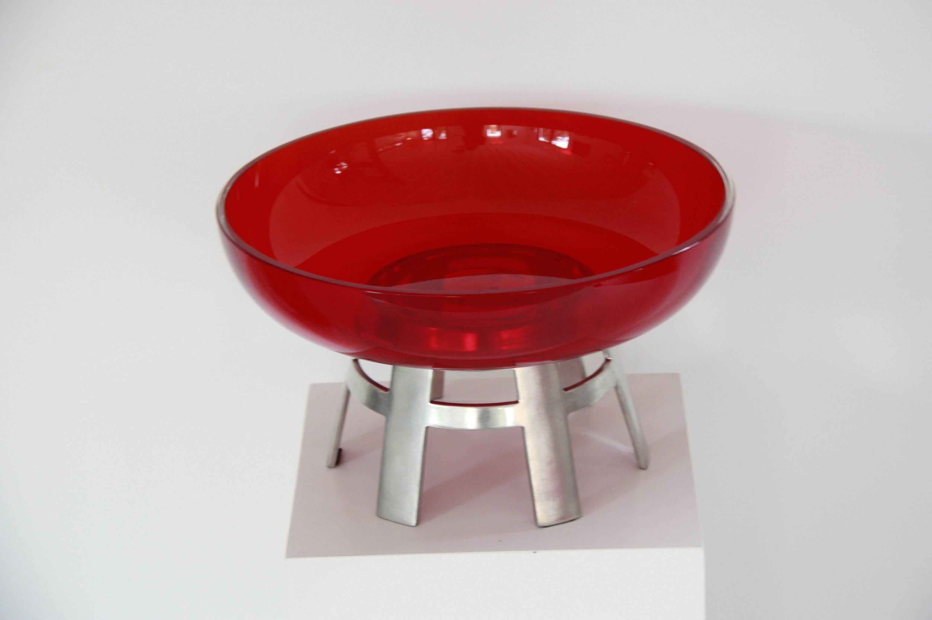 Vintage Italian Table Centrepiece in Metal and Red Glass Cup by Ettore Sottsass In Good Condition For Sale In Belgium, Brussels