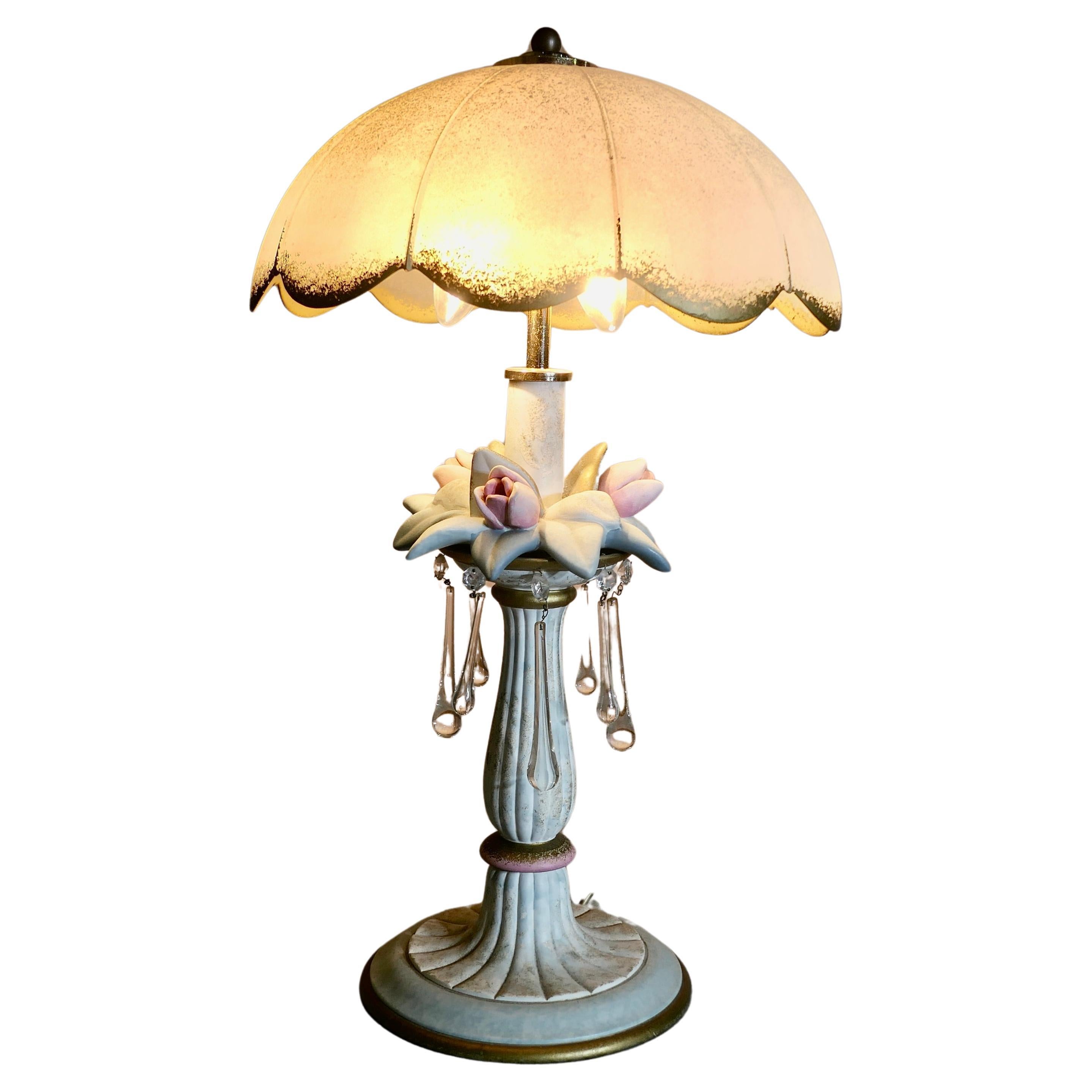 Vintage Italian Table Lamp in Porcelain and Glass