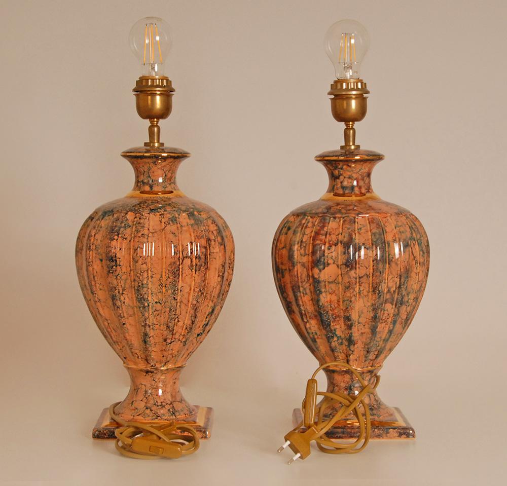 Vintage Italian Lampes de Table Céramique Faux Marbre Rose Bleu Or - Une Paire en vente 2