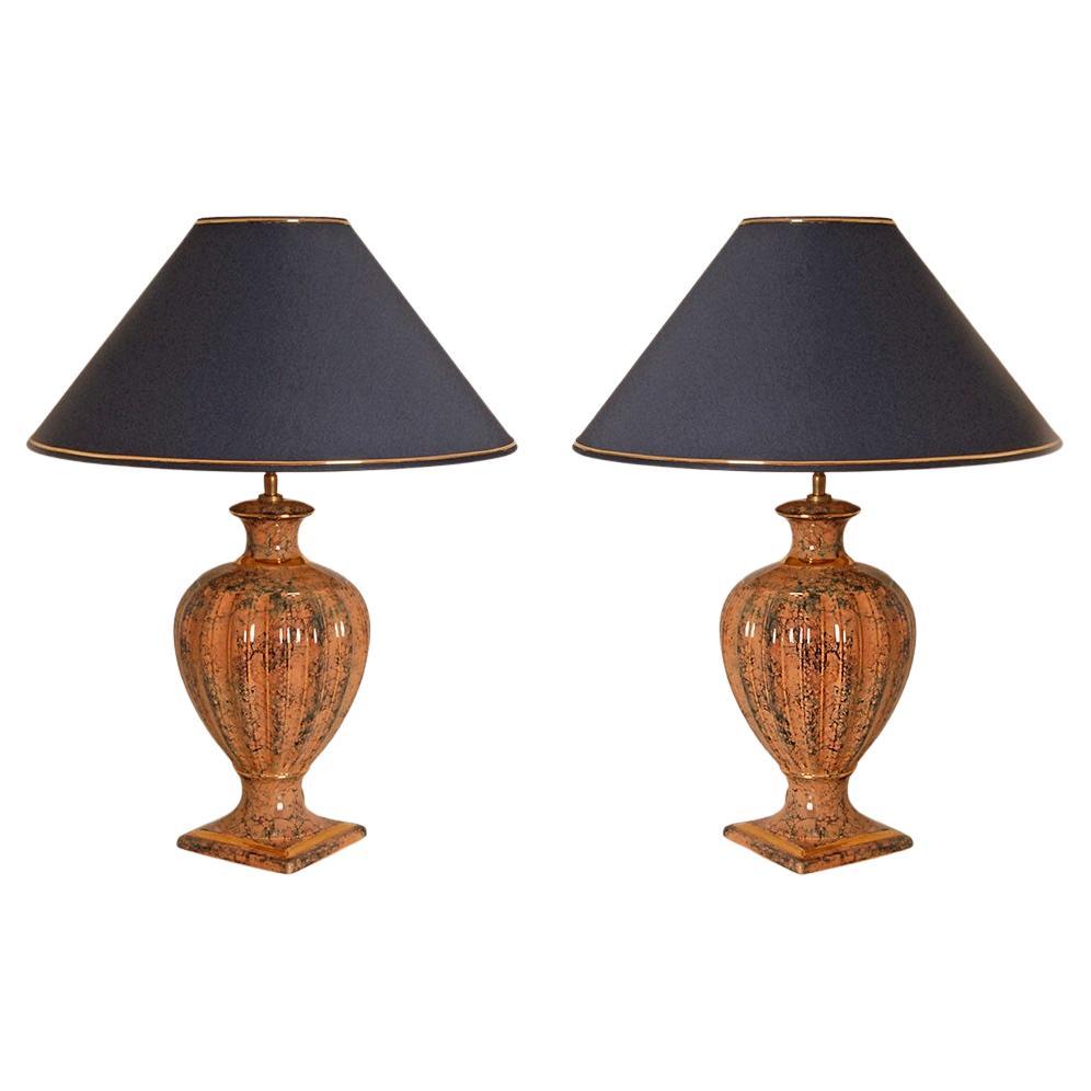 Vintage Italian Lampes de Table Céramique Faux Marbre Rose Bleu Or - Une Paire en vente