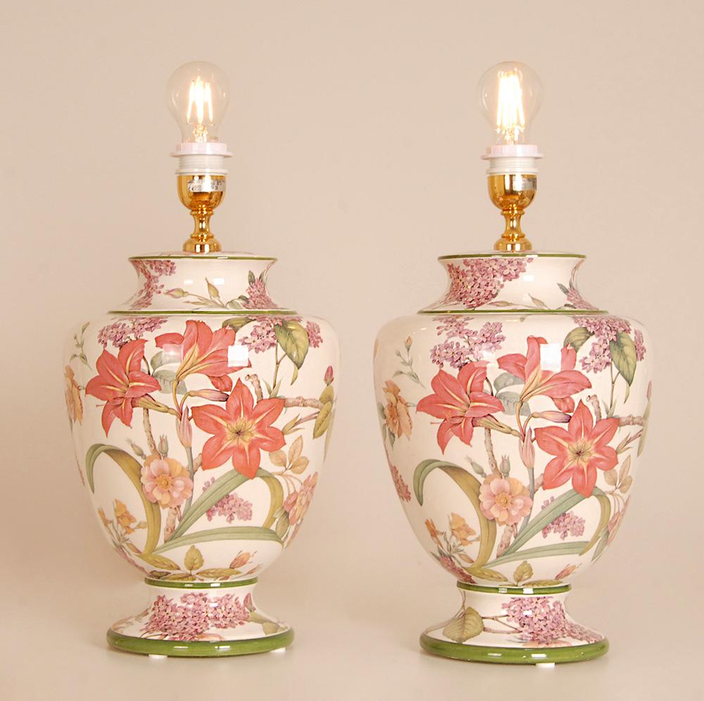 20th Century Vintage Italian Table Lamps Ceramic floral Tall Porcelain Vase Lamps - a pair For Sale
