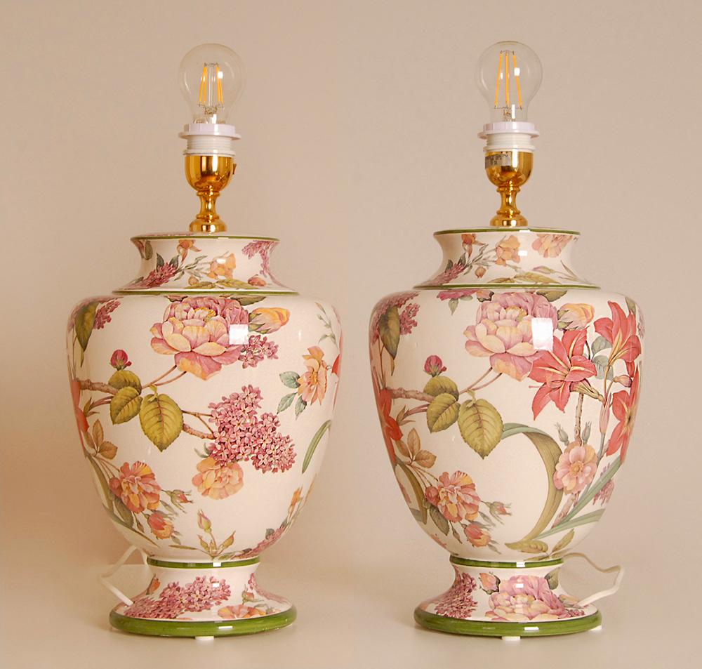 Vintage Italian Table Lamps Ceramic floral Tall Porcelain Vase Lamps - a pair For Sale 1