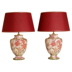 Vintage Italian Table Lamps Ceramic floral Tall Porcelain Vase Lamps - a pair