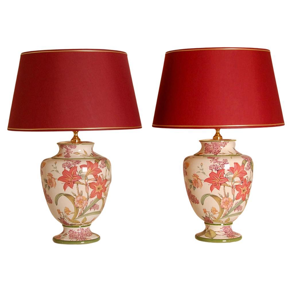 Vintage Italian Table Lamps Ceramic floral Tall Porcelain Vase Lamps - a pair