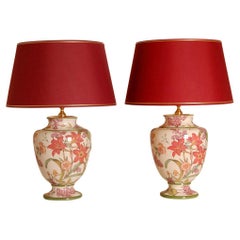 Vintage Italian Table Lamps Ceramic floral Tall Porcelain Vase Lamps - a pair