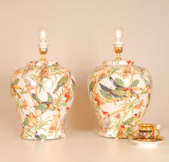 Vintage Italian Table Lamps Ceramic Parrots Tall Porcelain Vase Lamps - a pair