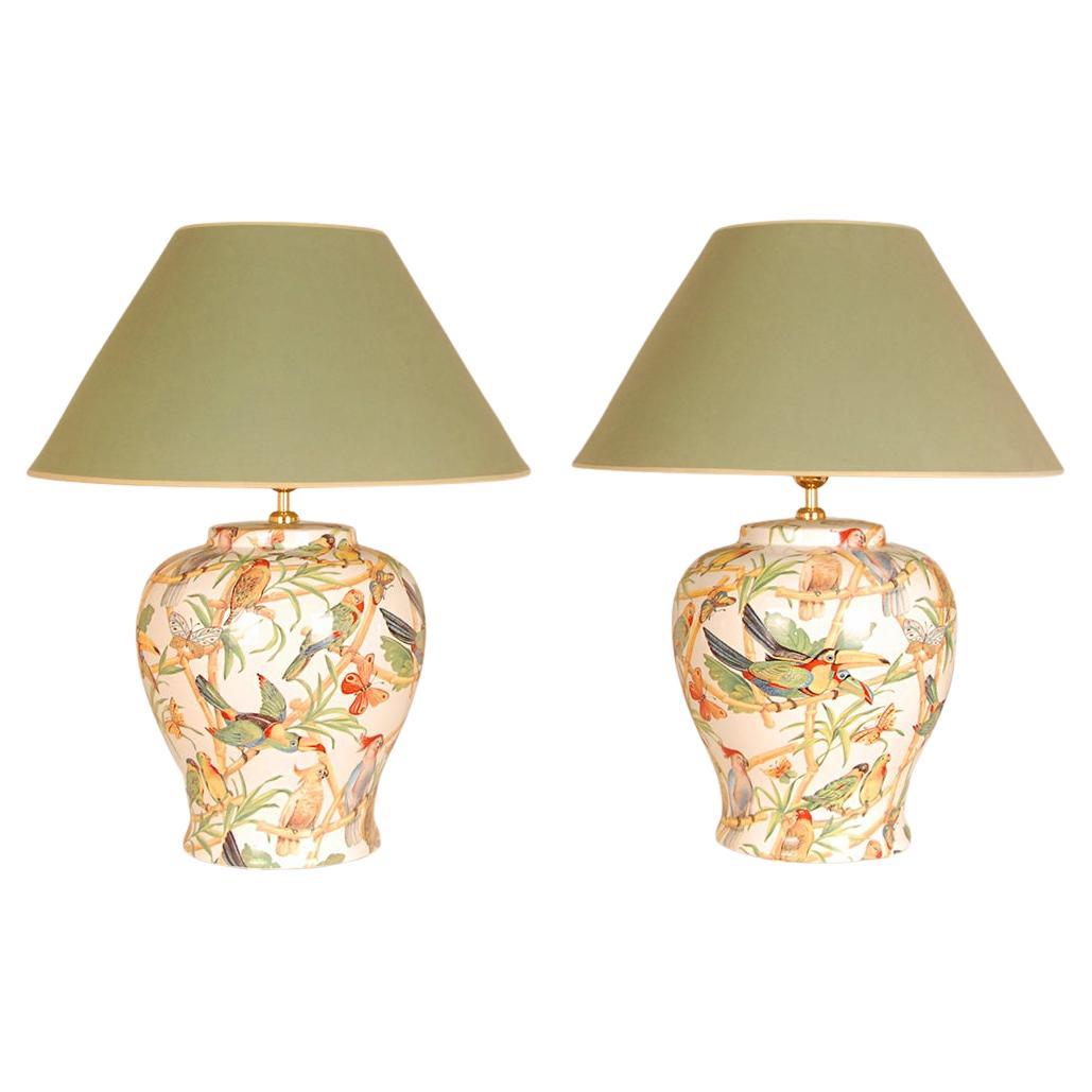 Vintage Italian Lamps Ceramic Parrots Tall Porcelain Vase Lamps - una coppia