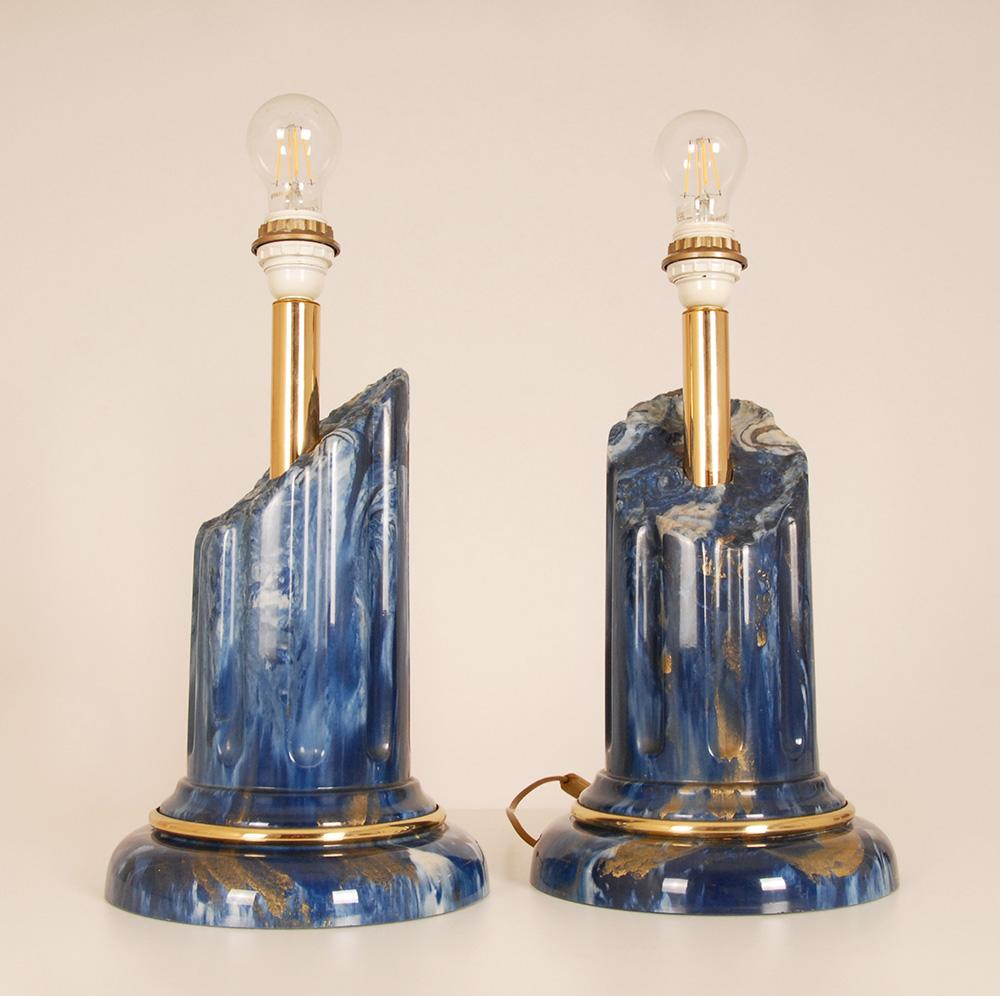 Vintage Italian Tablelamps Lapislázuli imitación mármol Lámpara de columna azul y oro Moderno de mediados de siglo en venta