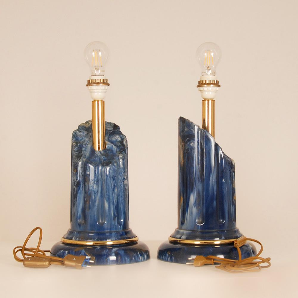 Vintage Italian Tablelamps Lapislázuli imitación mármol Lámpara de columna azul y oro siglo XX en venta