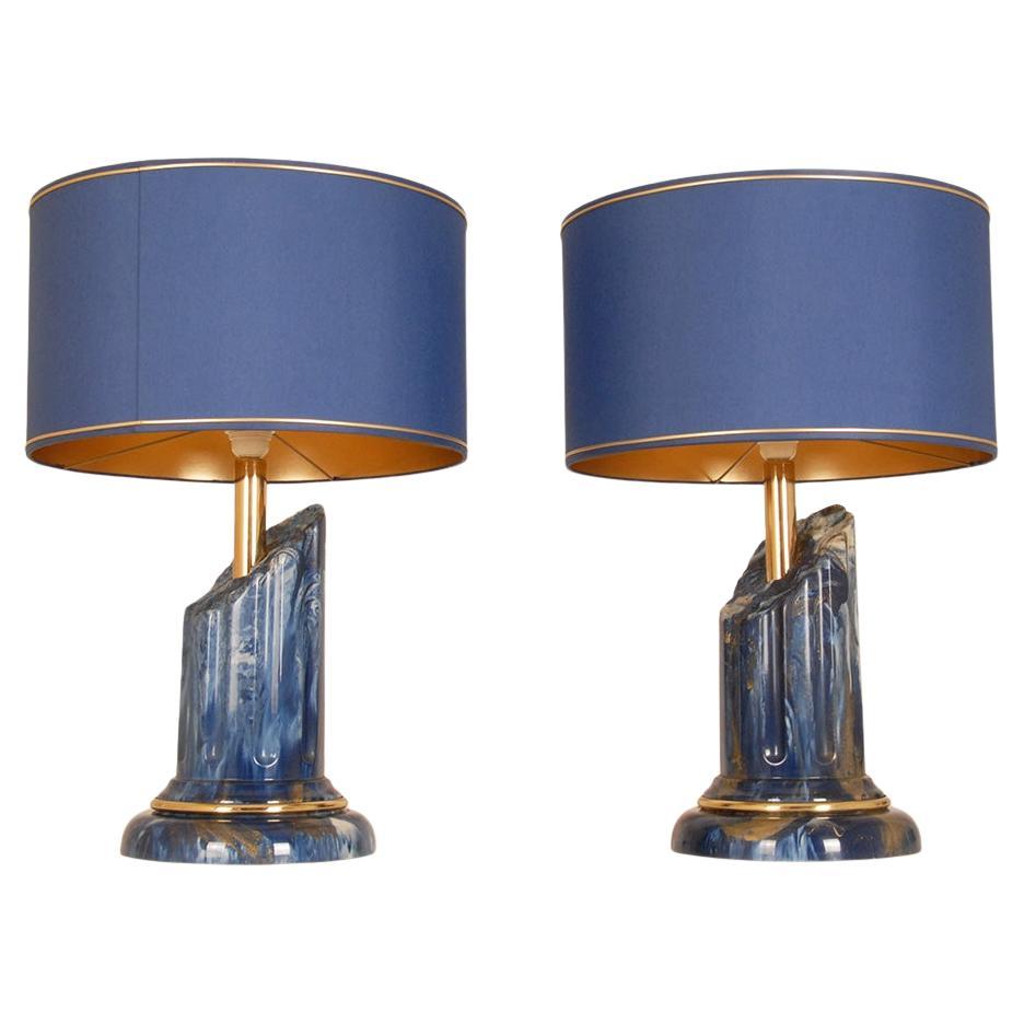 Vintage Italian Table Lamps Lapis Lazuli Marble Blue gold column lamps a pair