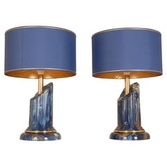 Vintage Italian Table Lamps Lapis Lazuli Marble Blue gold column lamps a pair