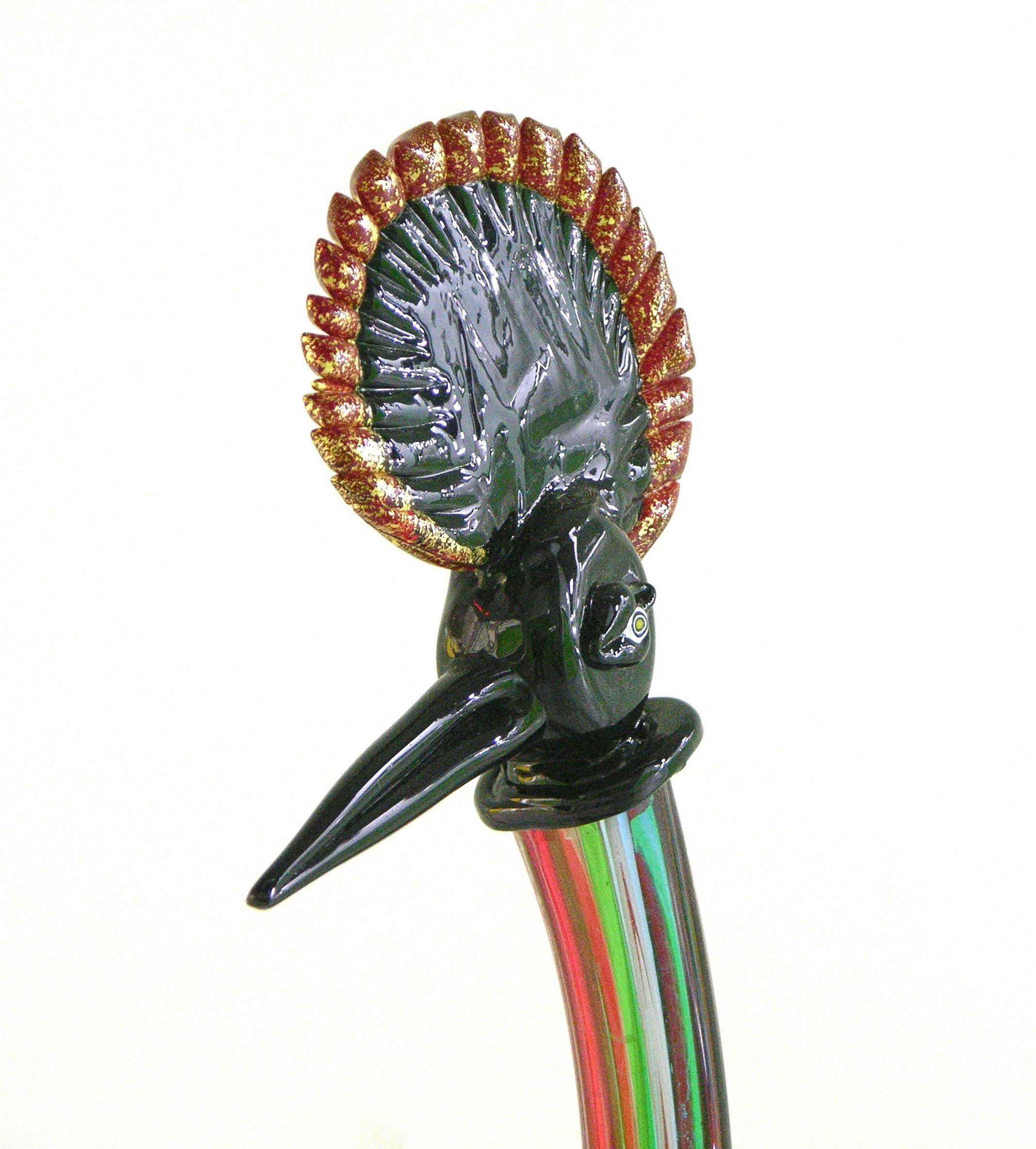 Vintage Italian Tall Red Blue Green Glass Crested Bird Sculpture For Sale 4