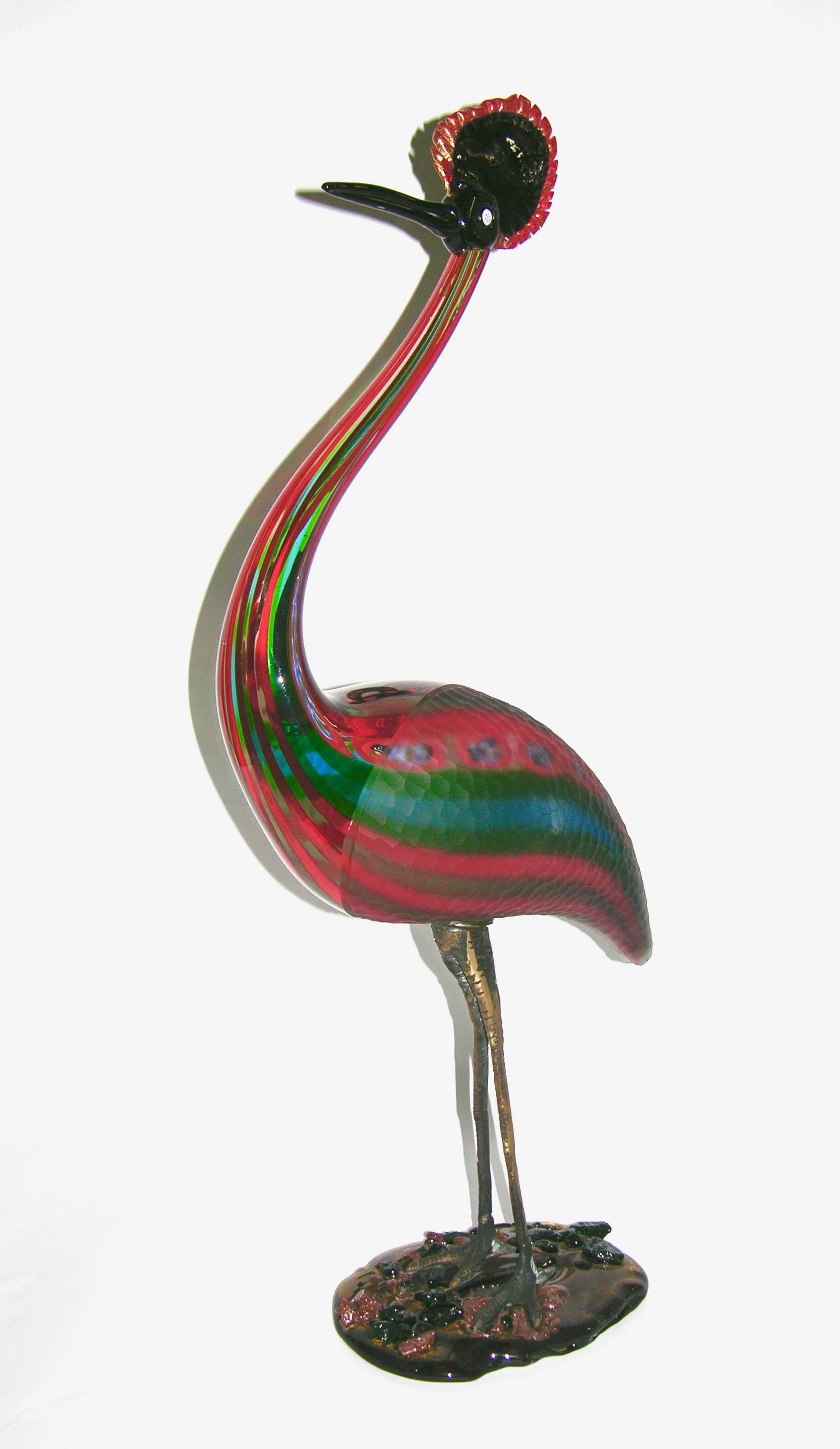 Mid-Century Modern Vintage Italian Tall Red Blue Green Glass Crested Bird Sculpture For Sale