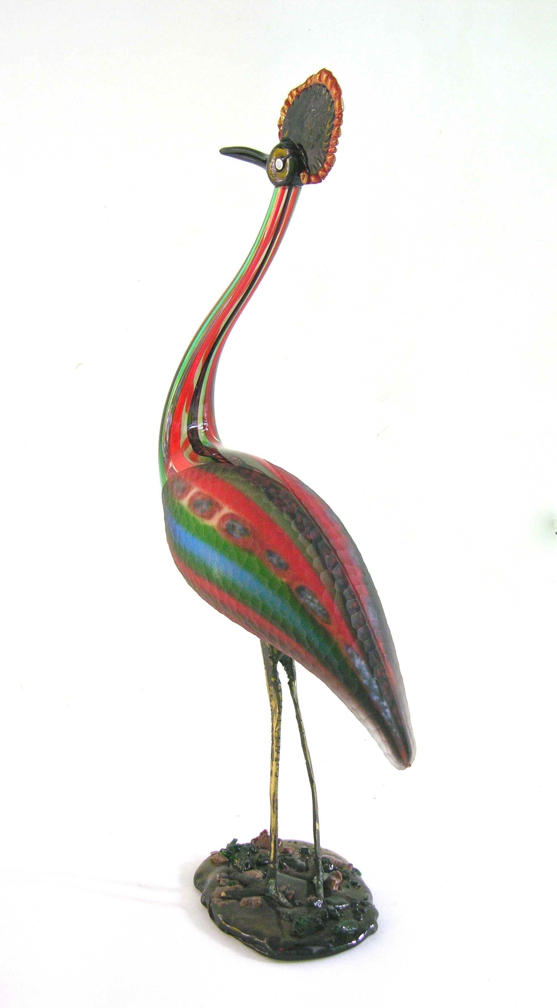 Hand-Crafted Vintage Italian Tall Red Blue Green Glass Crested Bird Sculpture For Sale