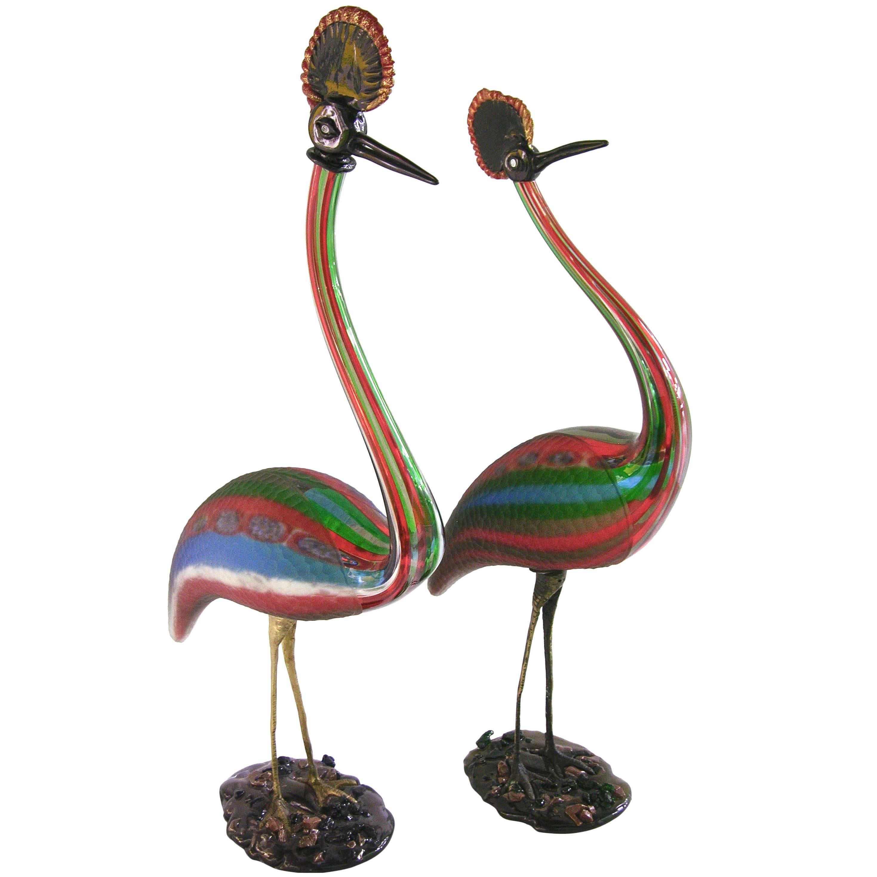 Late 20th Century Vintage Italian Tall Red Blue Green Glass Crested Bird Sculpture For Sale