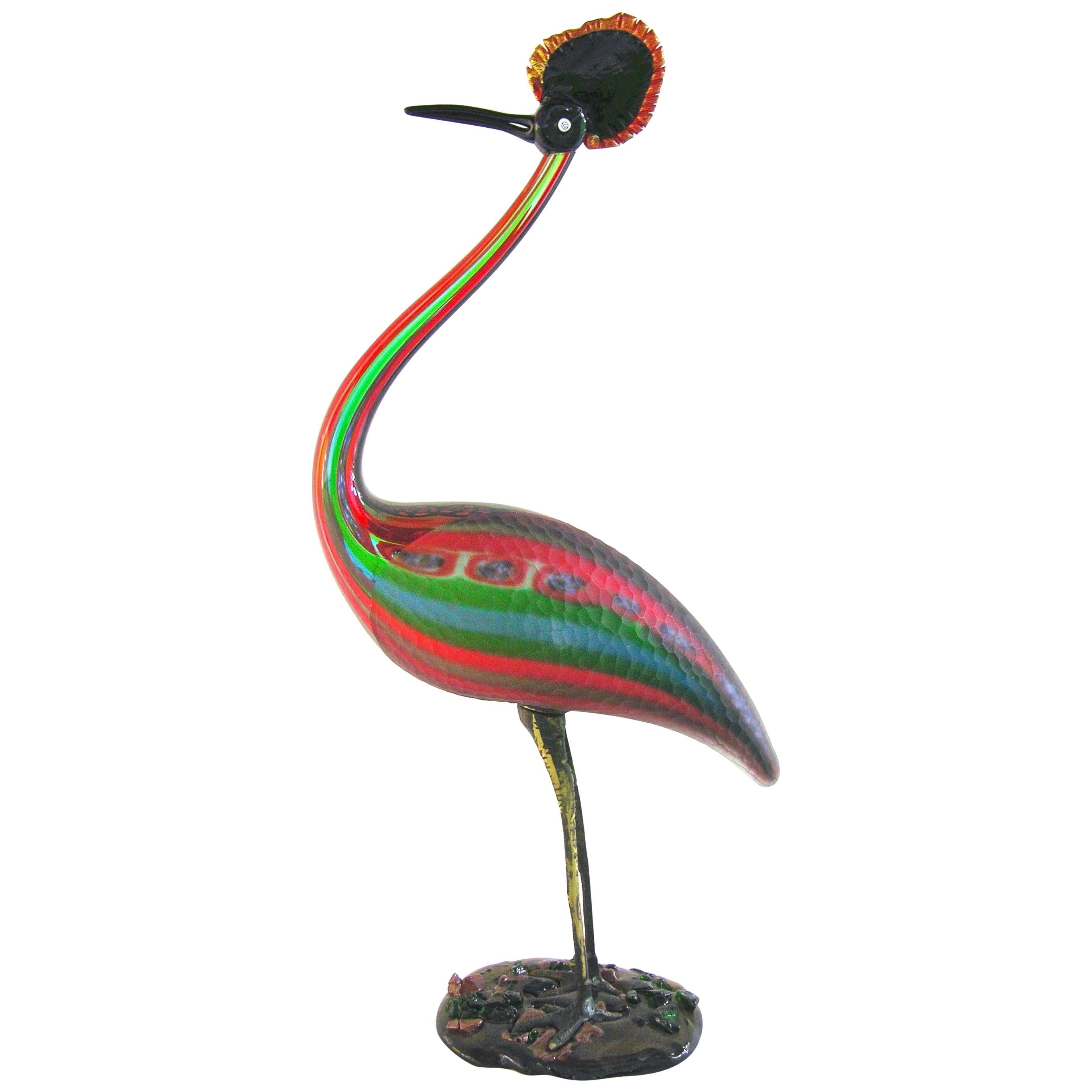 Vintage Italian Tall Red Blue Green Glass Crested Bird Sculpture For Sale