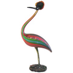 Vintage Italian Tall Red Blue Green Glass Crested Bird Sculpture