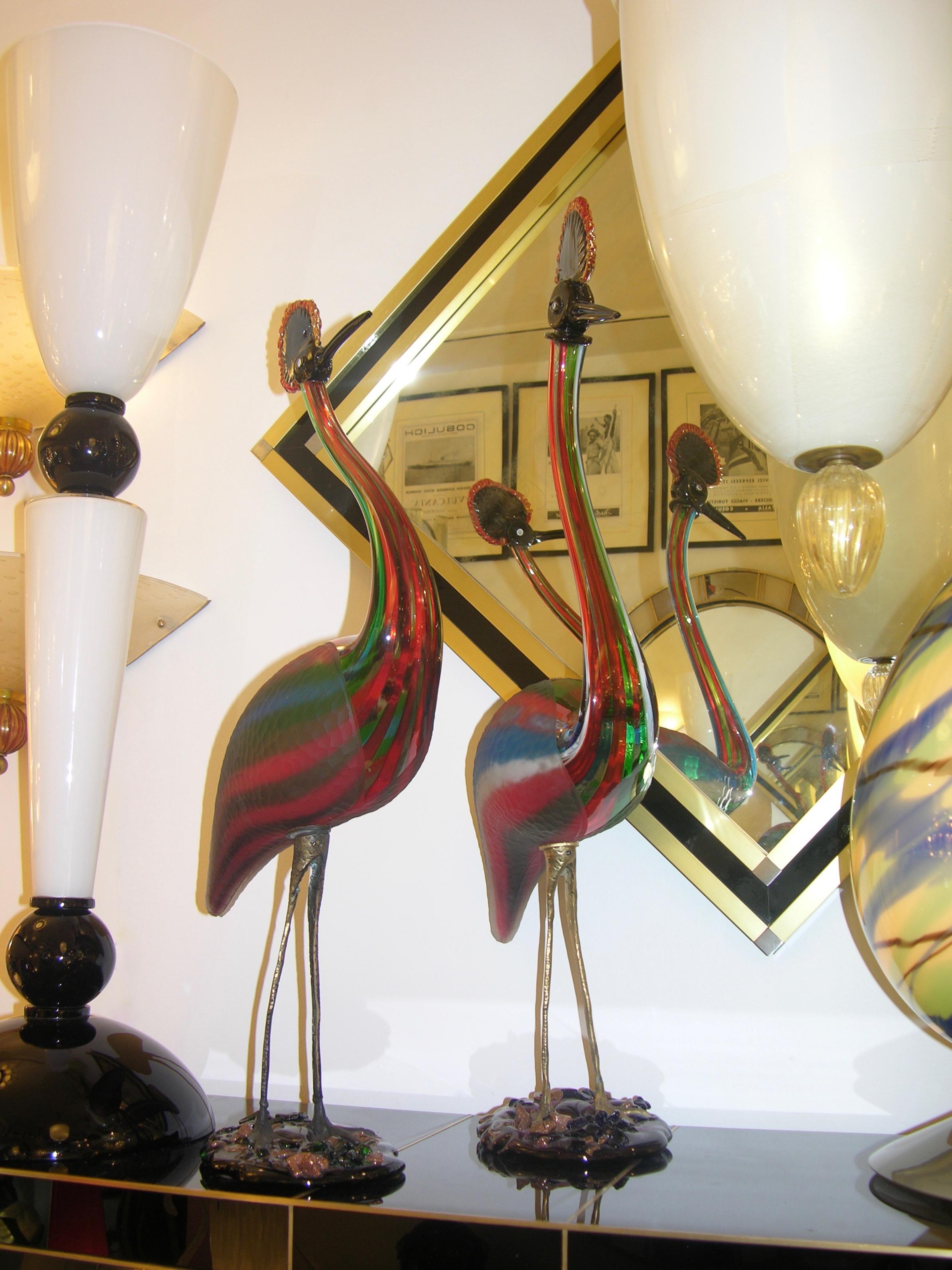 Vintage Italian Tall Red Blue Green White Glass Crested Bird Sculpture in vendita 2