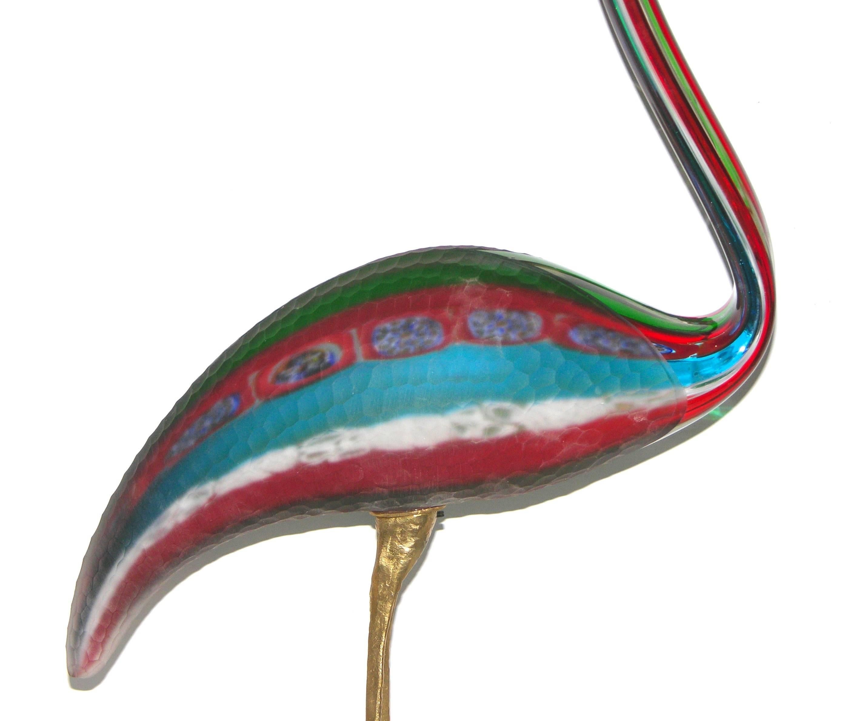 Mid-Century Modern Vintage Italian Tall Red Blue Green White Glass Crested Bird Sculpture For Sale