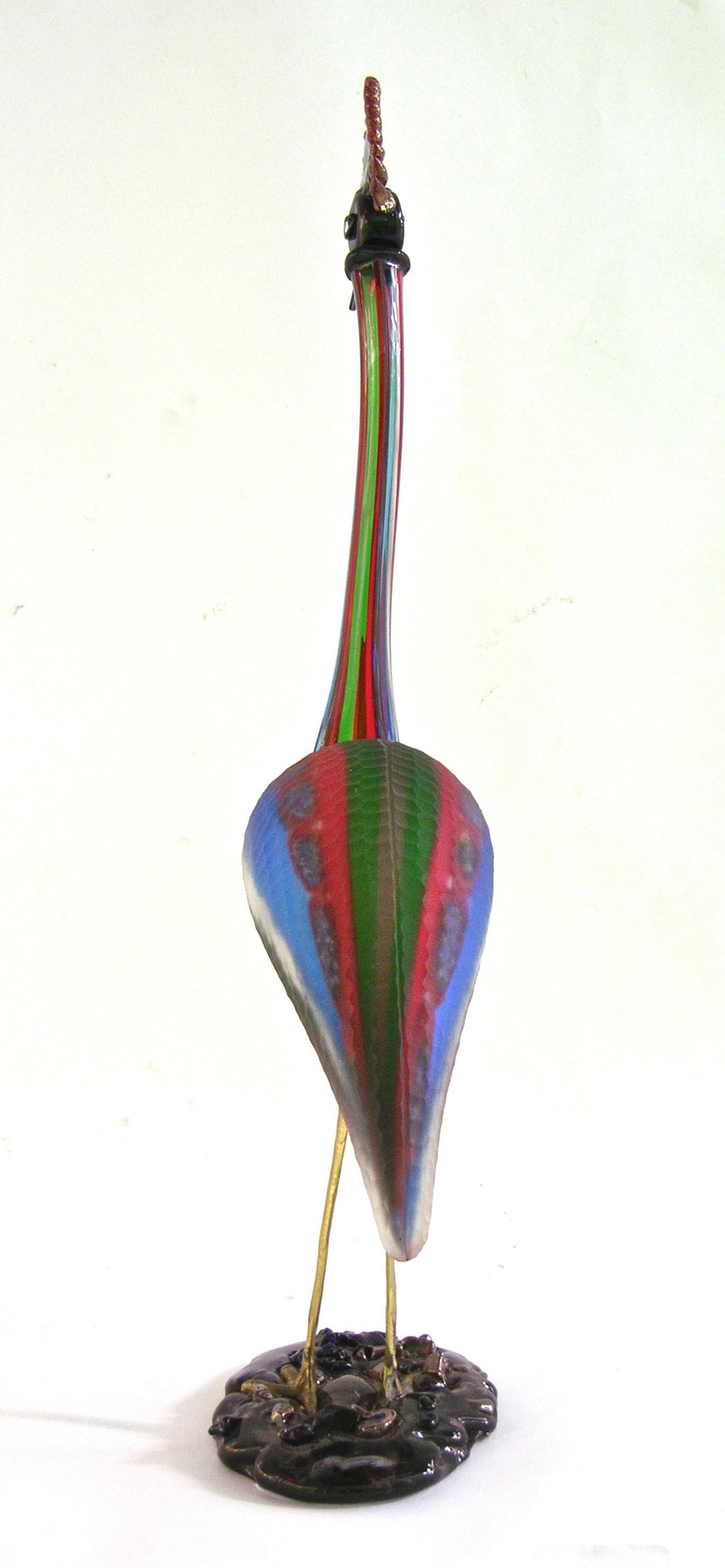 Hand-Crafted Vintage Italian Tall Red Blue Green White Glass Crested Bird Sculpture For Sale