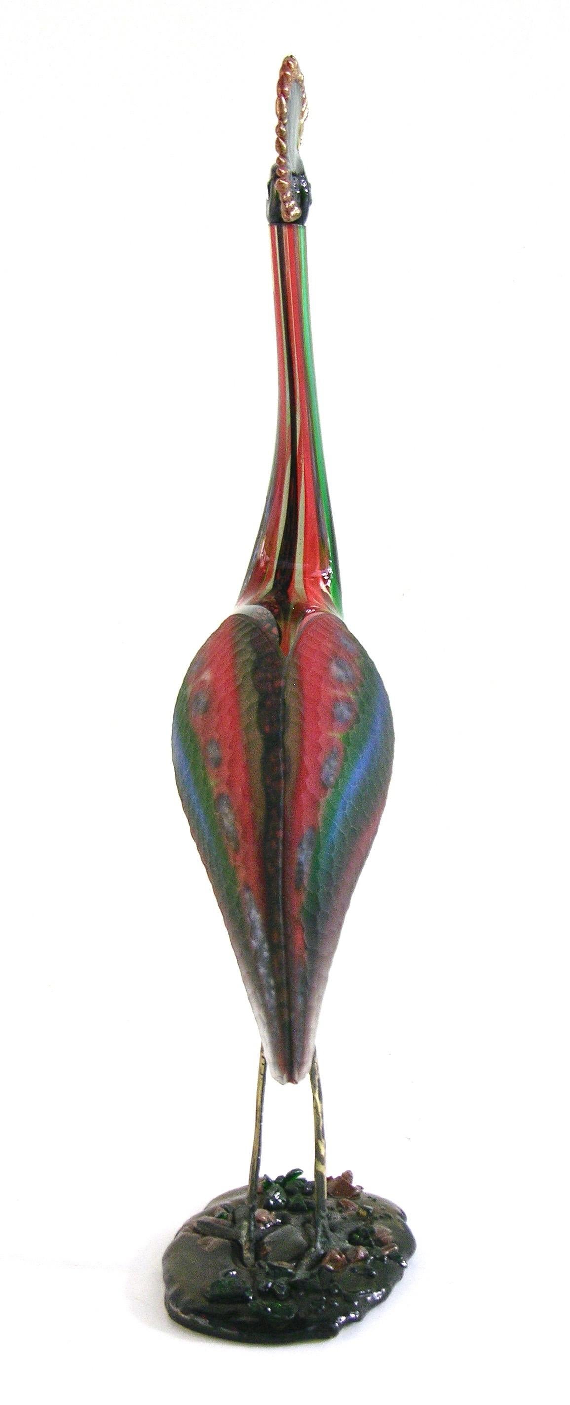 Late 20th Century Vintage Italian Tall Red Blue Green White Glass Crested Bird Sculpture For Sale