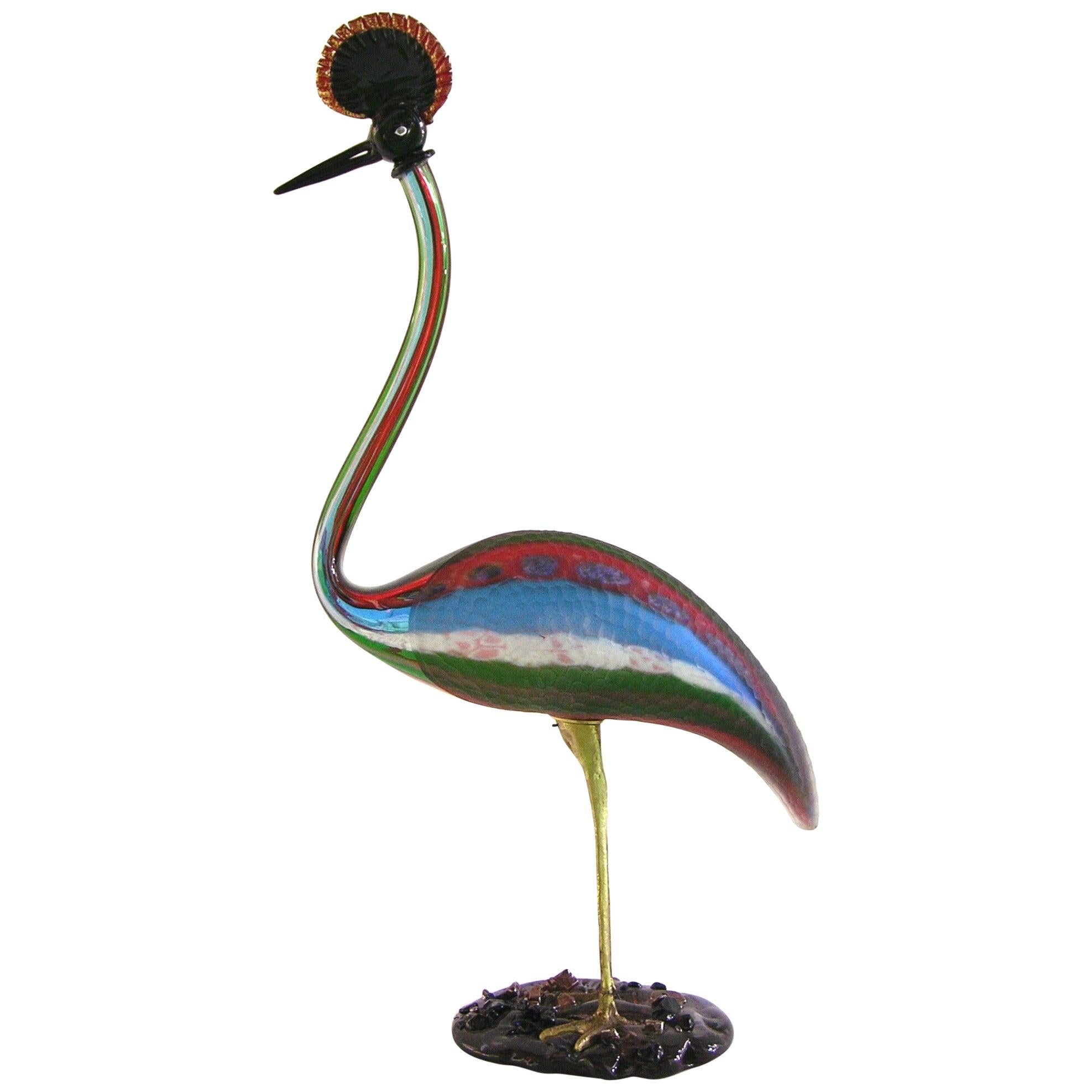 Grande sculpture italienne d'oiseau vintage en verre crêpé rouge, bleu, vert et blanc