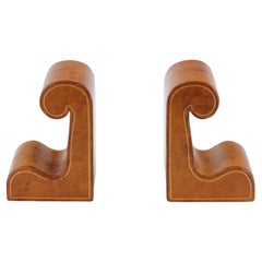 Vintage Italian Tan Leather & Gilt Scrolled Book Ends C1970