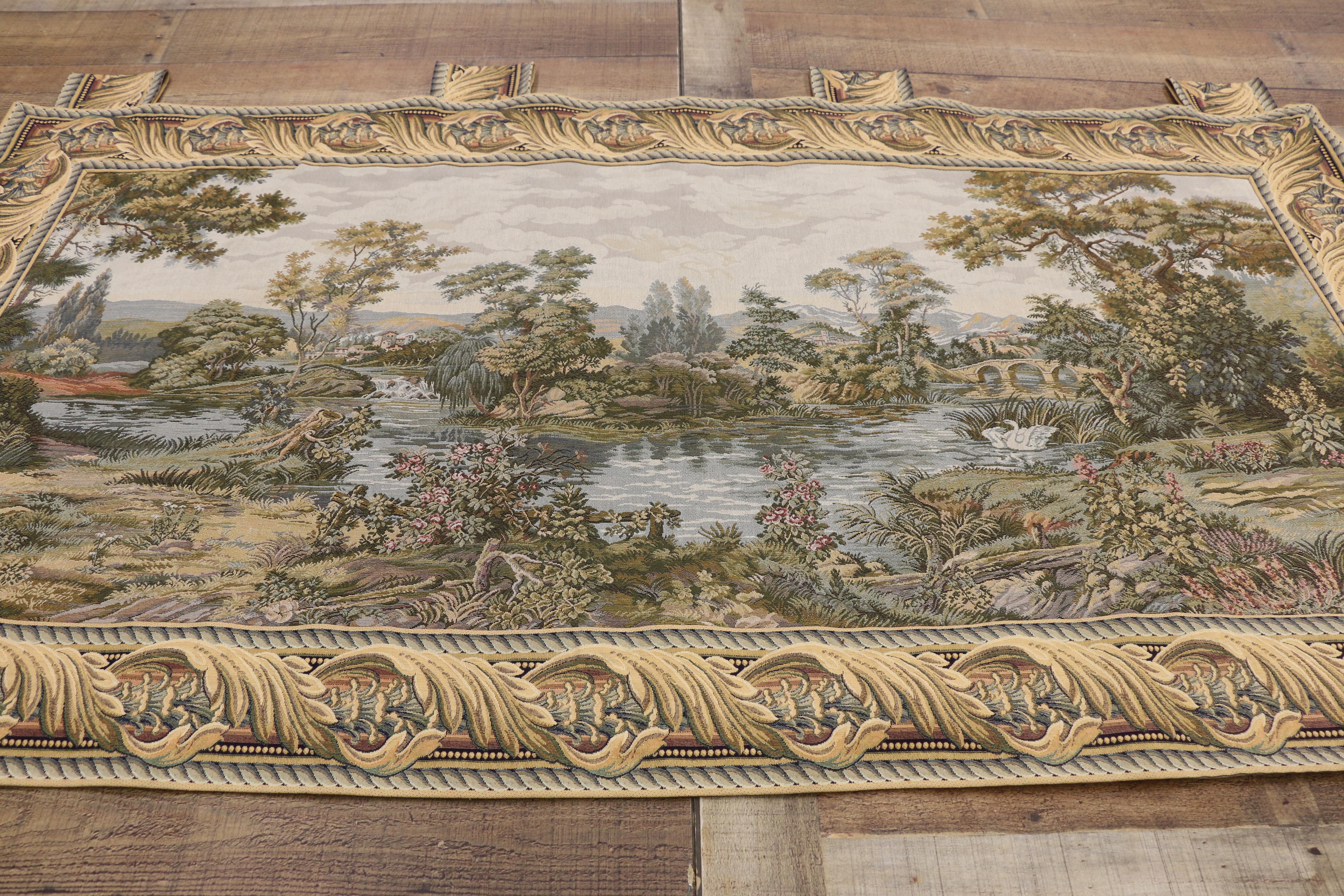 Vintage Italian Tapestry Swan in the Lake, Renaissance Style Wall Hanging In Good Condition For Sale In Dallas, TX