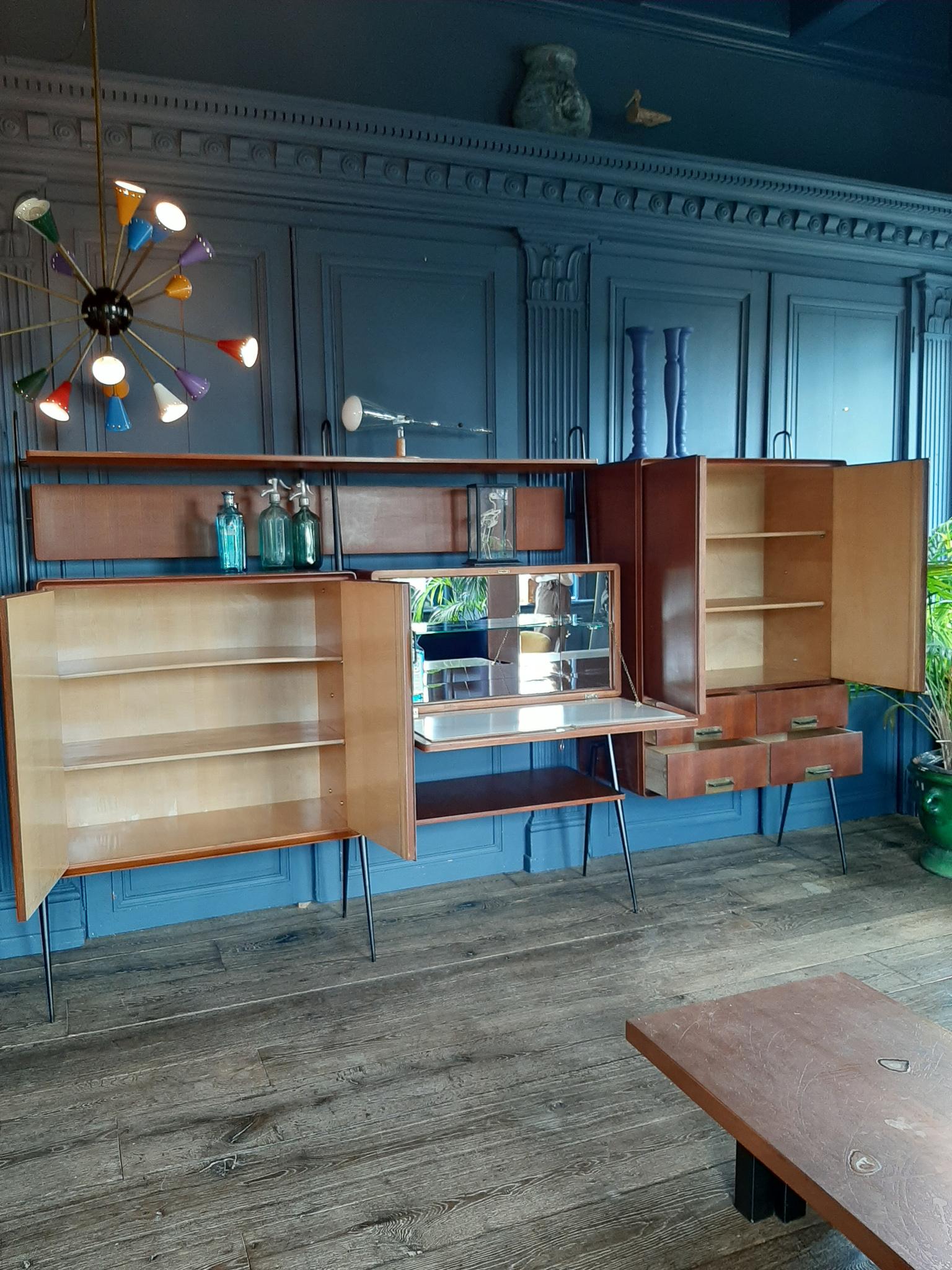 Mid-20th Century Vintage Italian Teak Wall Unit Sideboard Bookcase with Bar by Silvio Cavatorta