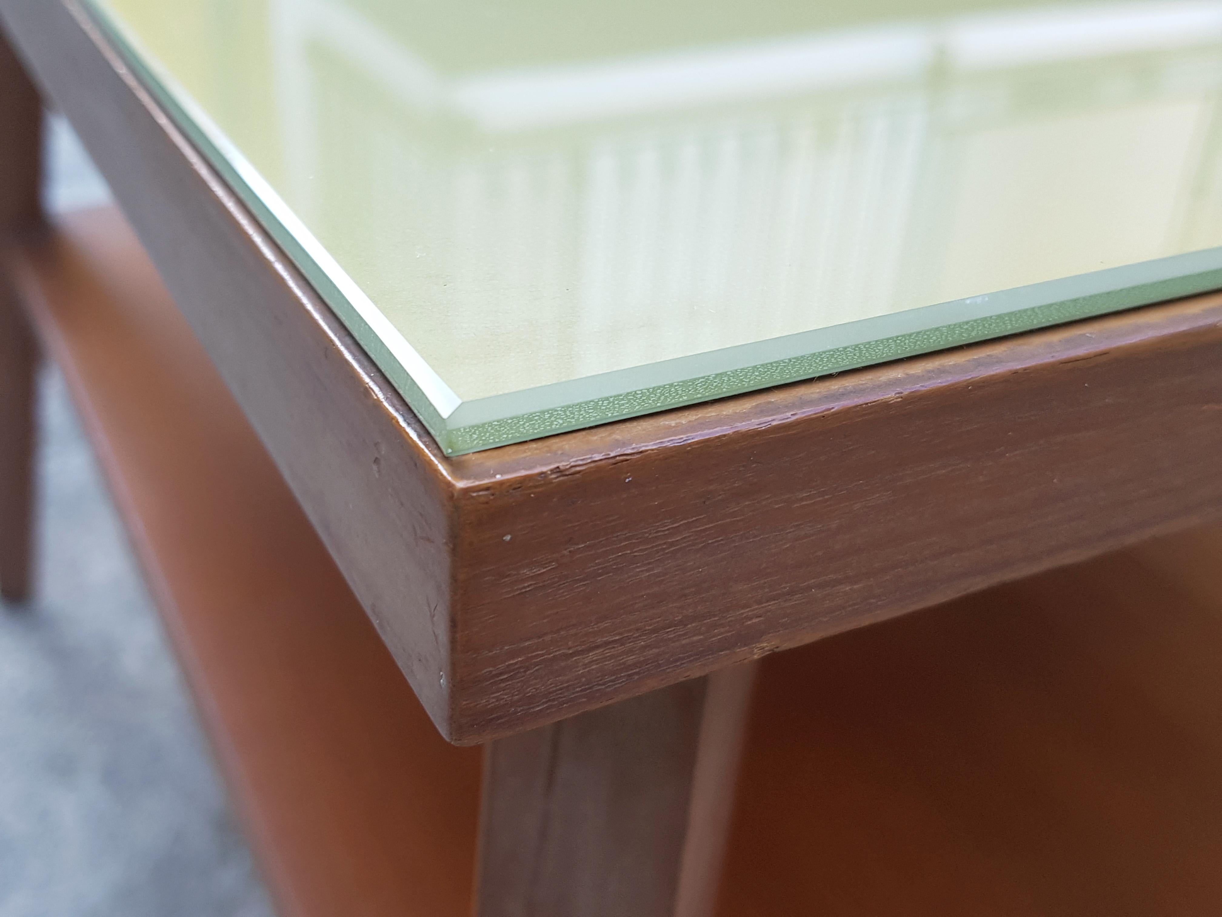  Vintage Italian Teak Wood & green glass 1960s Coffee Table For Sale 4