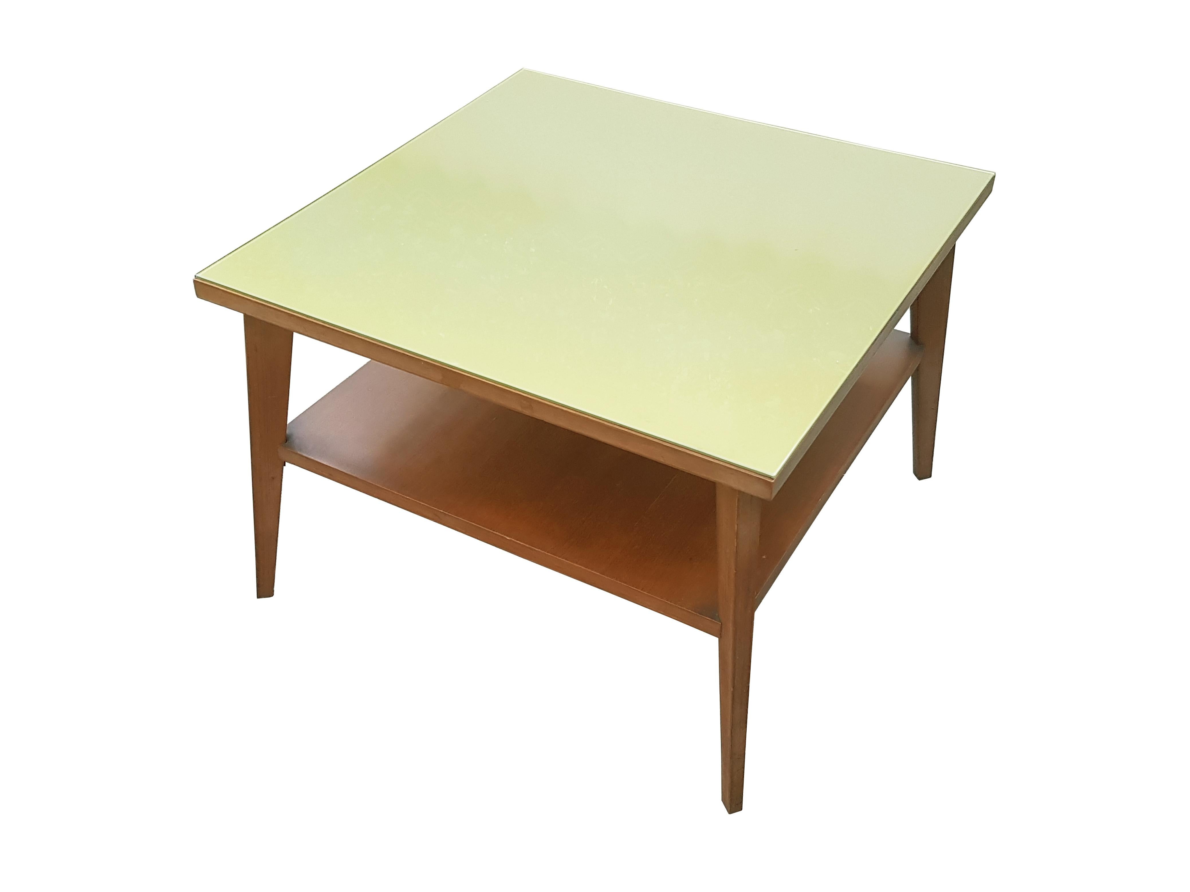  Vintage Italian Teak Wood & green glass 1960s Coffee Table For Sale 1