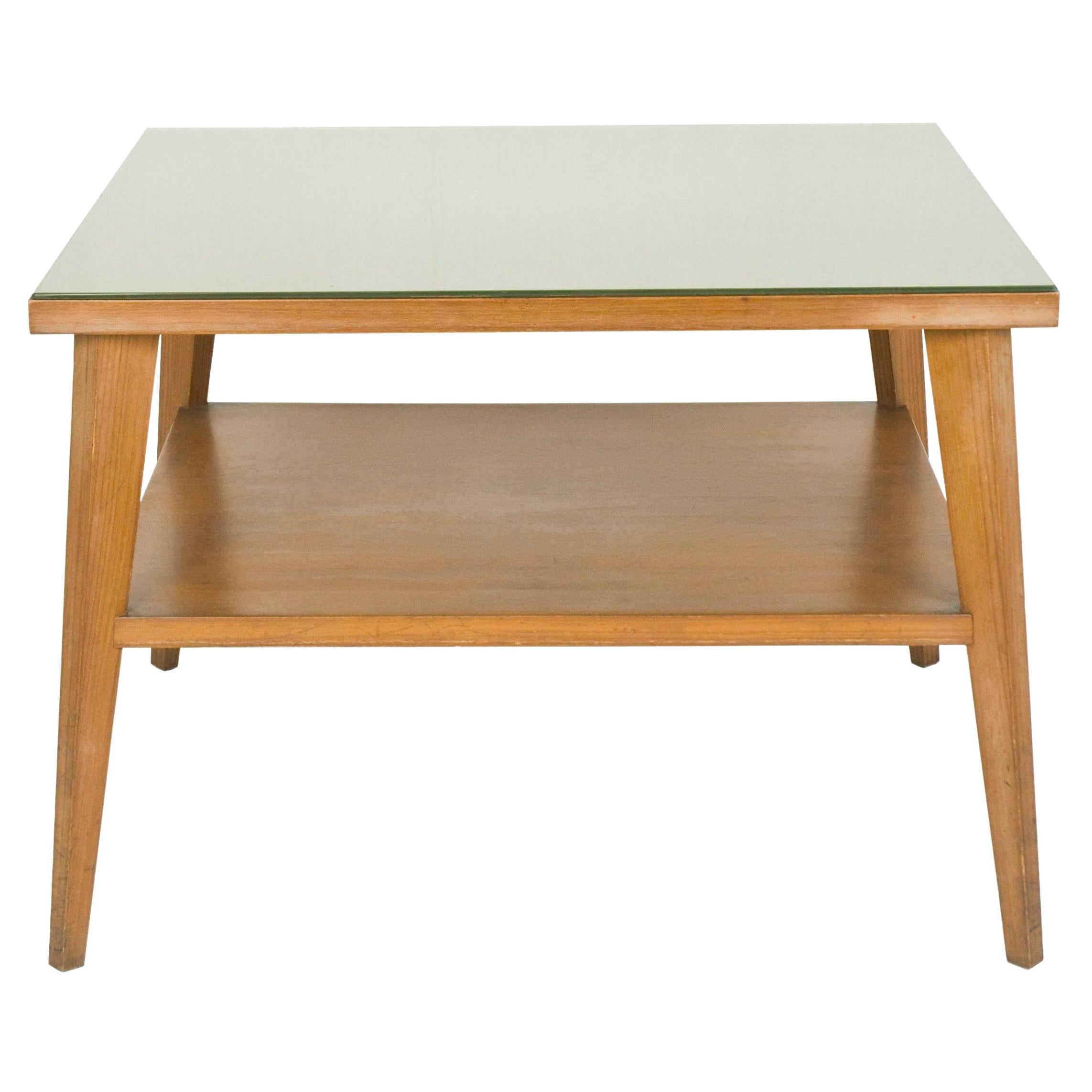 Mesa de centro vintage italiana de madera de teca y cristal verde de los años 60