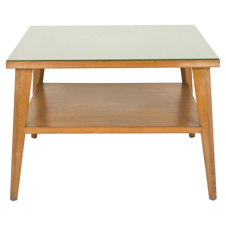 Vintage Italian Teak Wood and green glass 1960s Coffee Table For Sale