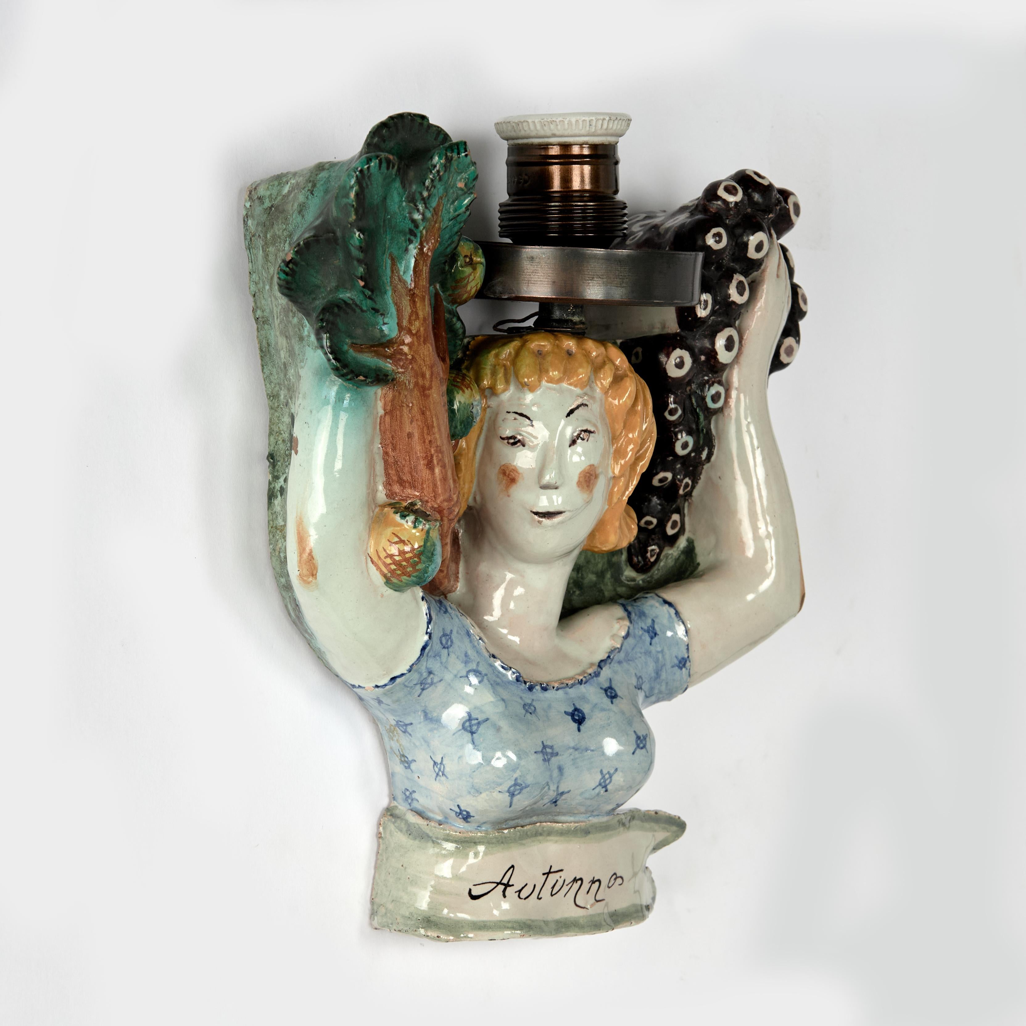 Vintage Italian Terra Cotta Spring and Autumn Figural Wall Sconces For Sale 6