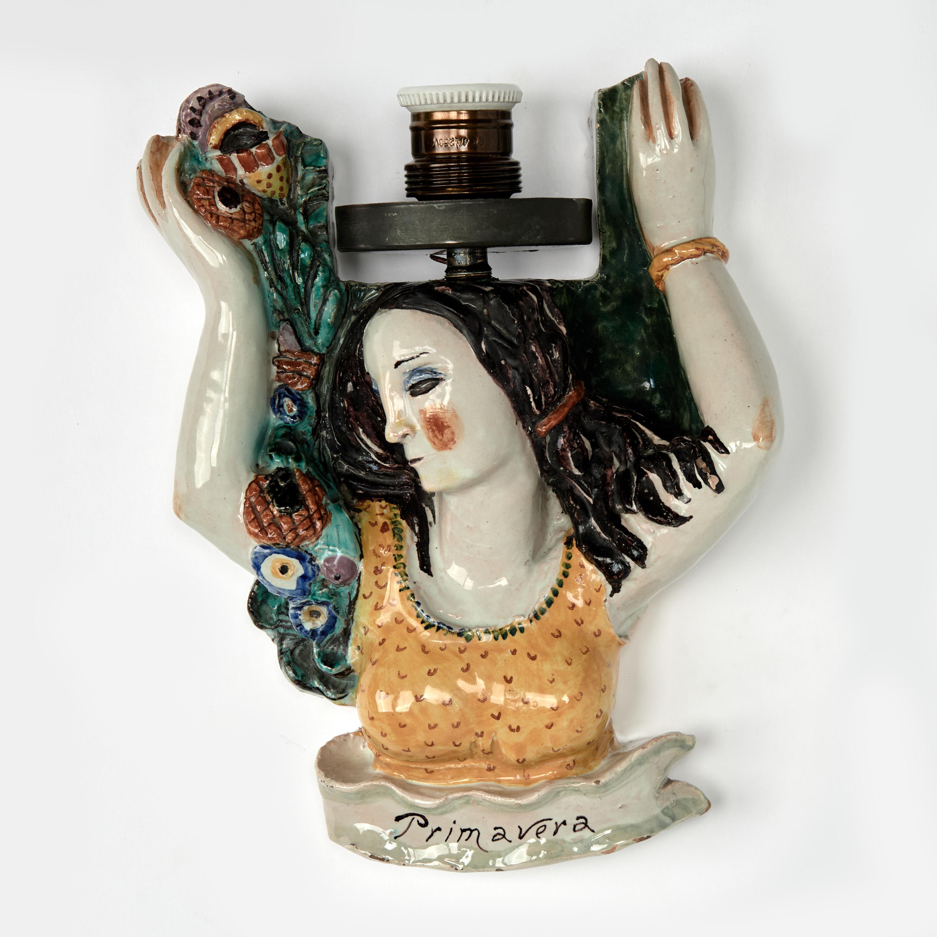 Rare and remarkable whimsical vintage Italian wall sconces handcrafted in terra cotta in the form of female figures. Primavera with garden flowers and Autunno with a harvest menu.