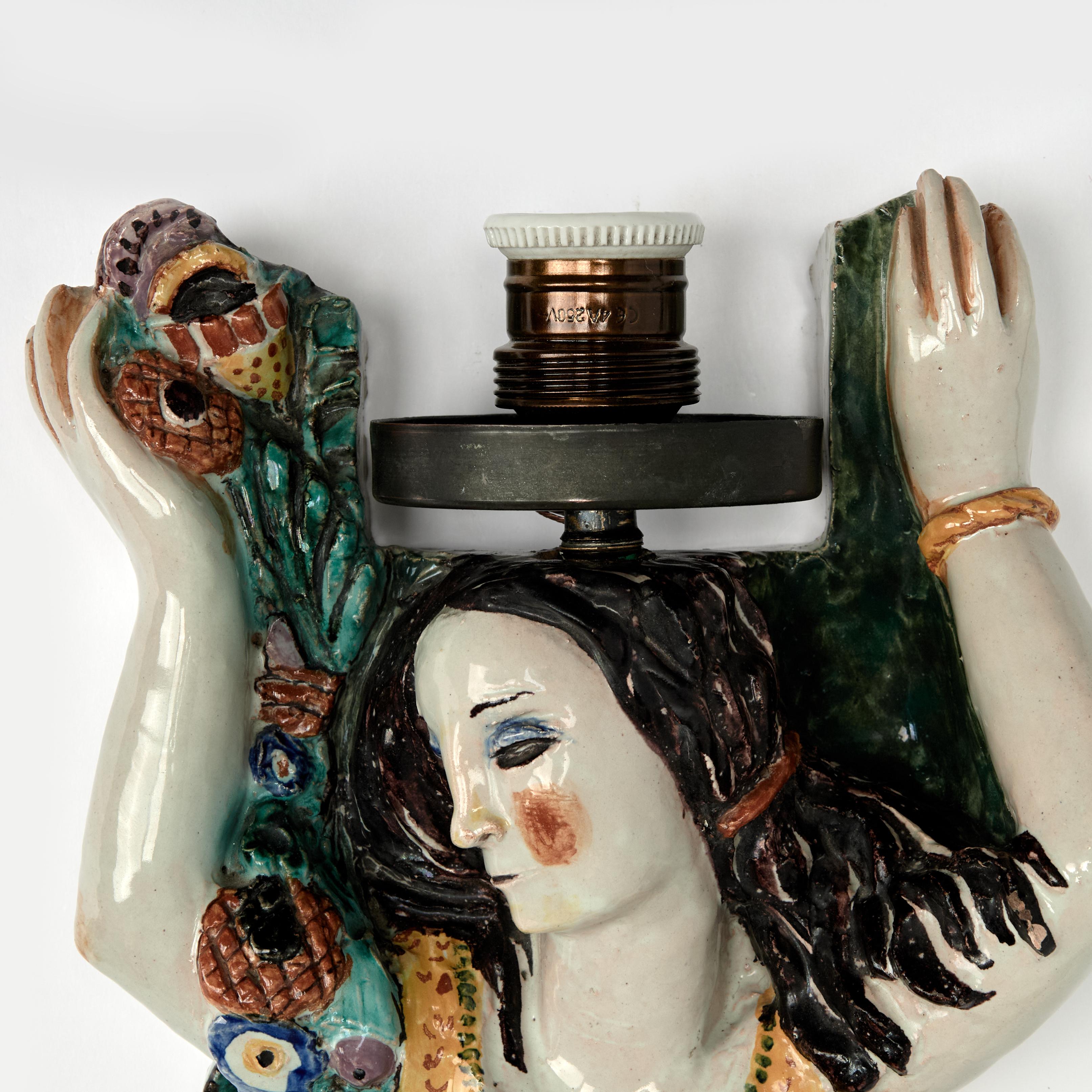 Mid-Century Modern Vintage Italian Terra Cotta Spring and Autumn Figural Wall Sconces For Sale